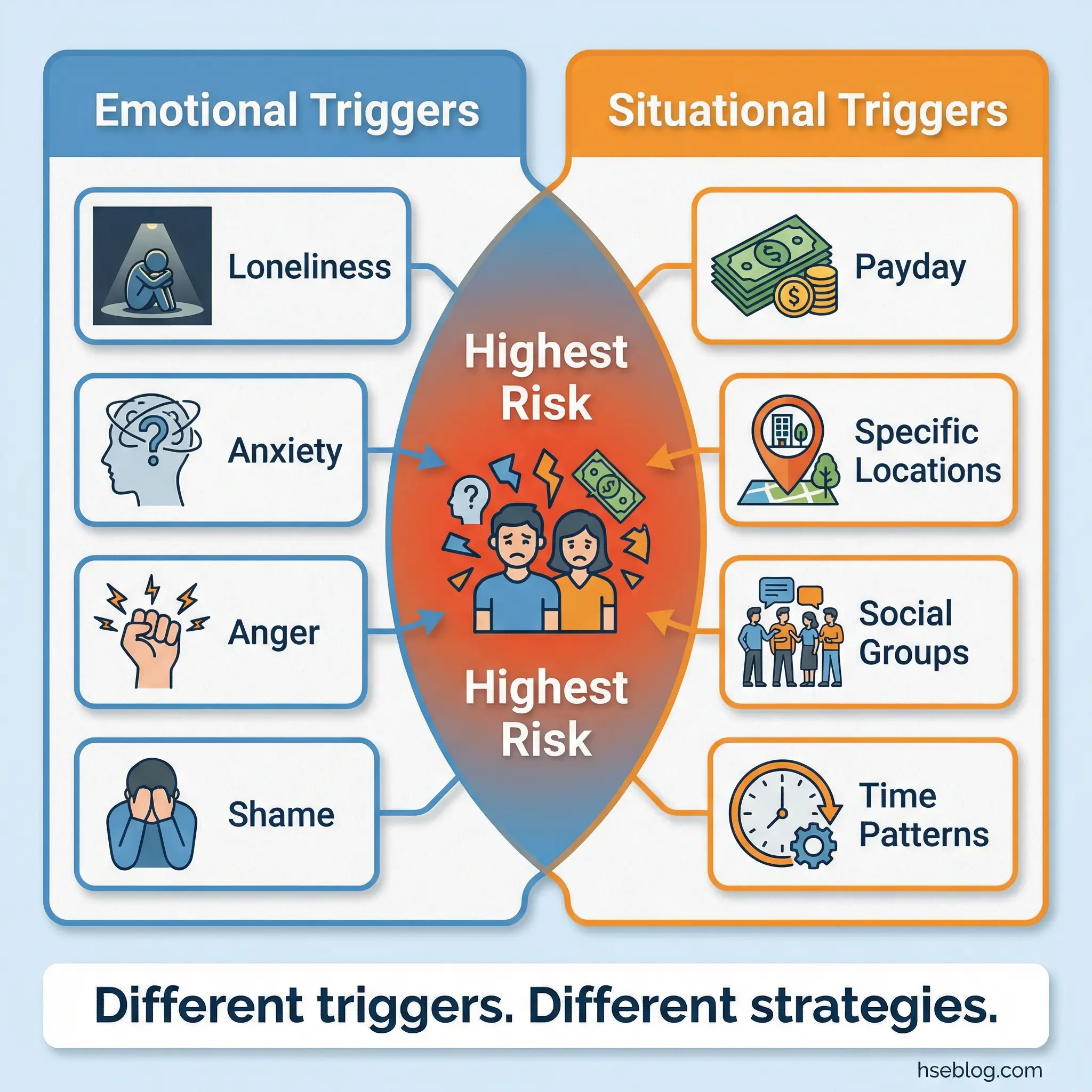 Side-by-side infographic comparing emotional triggers like loneliness, anxiety, anger, and shame with situational triggers like payday, specific locations, social groups, and time patterns in substance abuse by hseblog.com