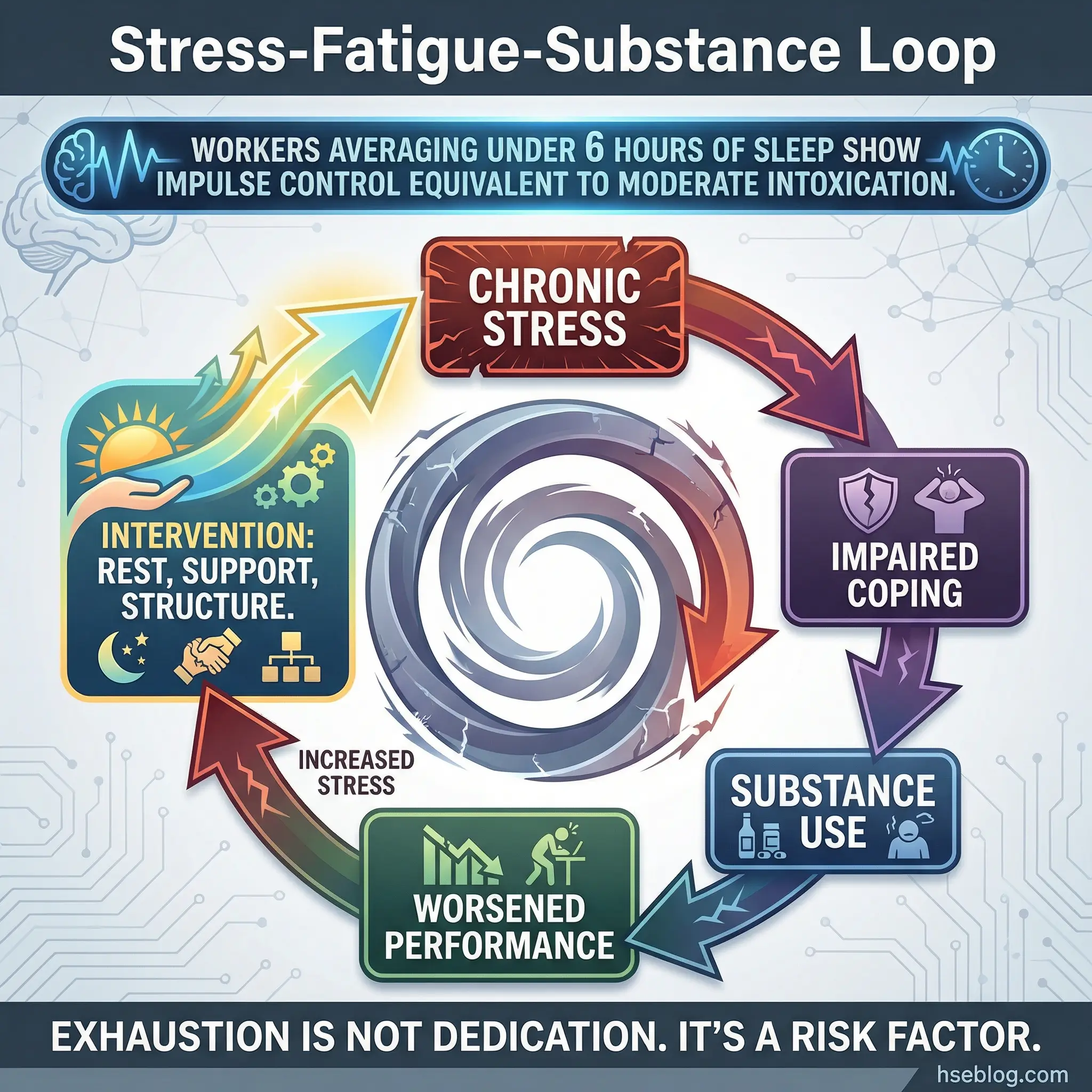 Circular flow infographic showing the stress-fatigue-substance loop — chronic stress leading to impaired coping, substance use, worsened performance, and increased stress — with an intervention breakout arrow by hseblog.com