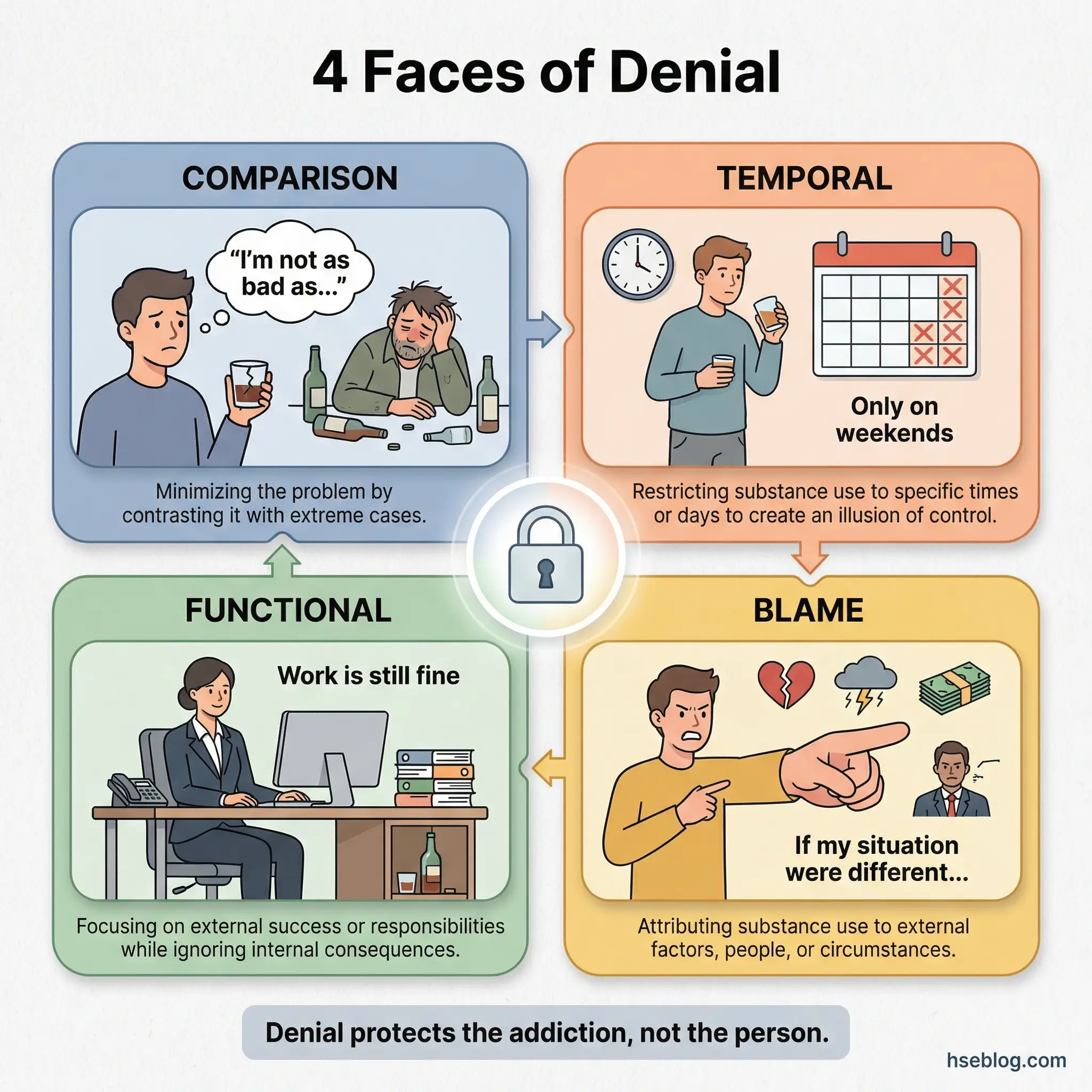 Infographic illustrating four faces of denial in substance abuse — comparison minimization, temporal minimization, functional denial, and blame externalization — arranged as a grouped hierarchy by hseblog.com