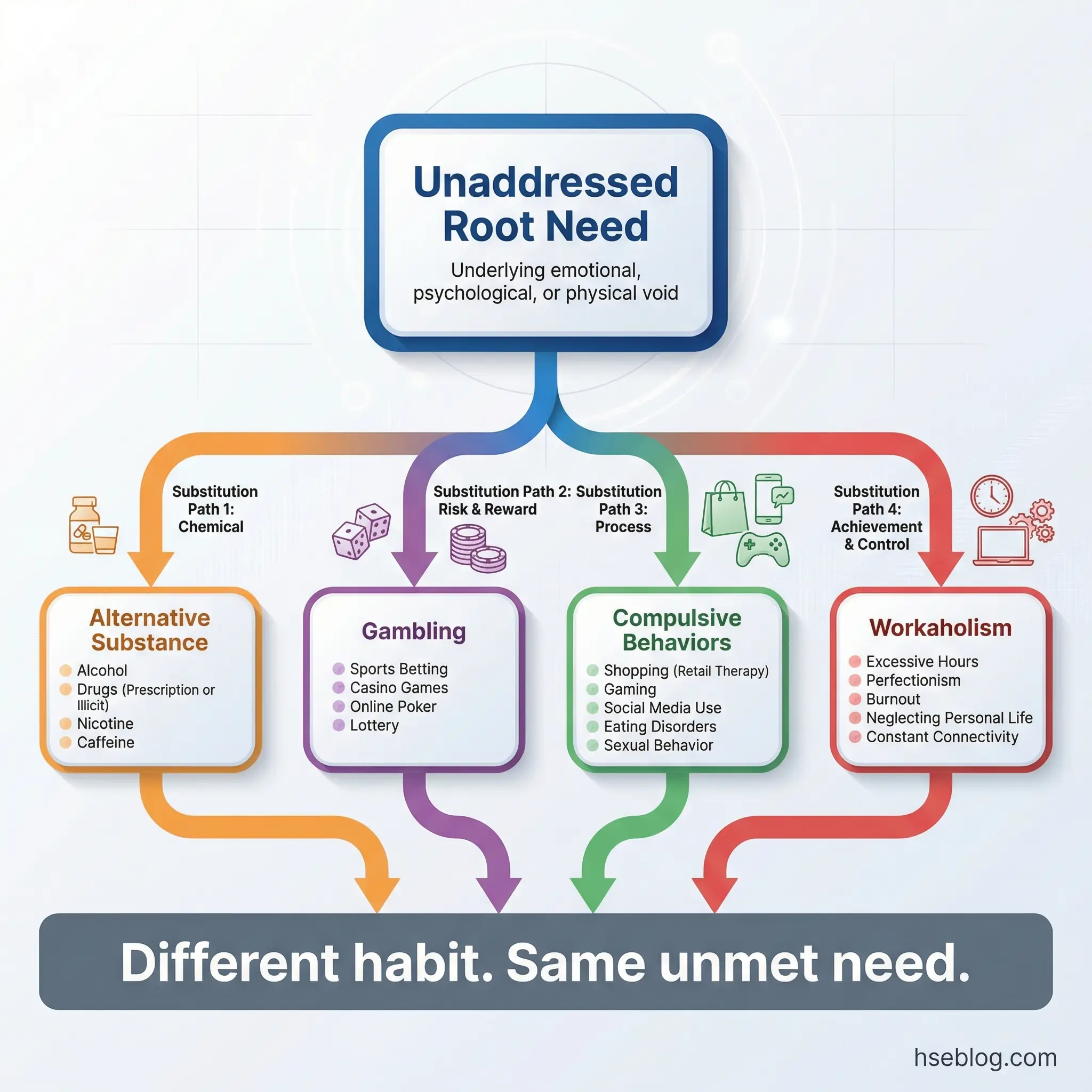 Flow infographic showing cross-addiction pathways branching from an unaddressed root need into four substitution paths — alternative substance, gambling, compulsive behaviors, and workaholism — by hseblog.com