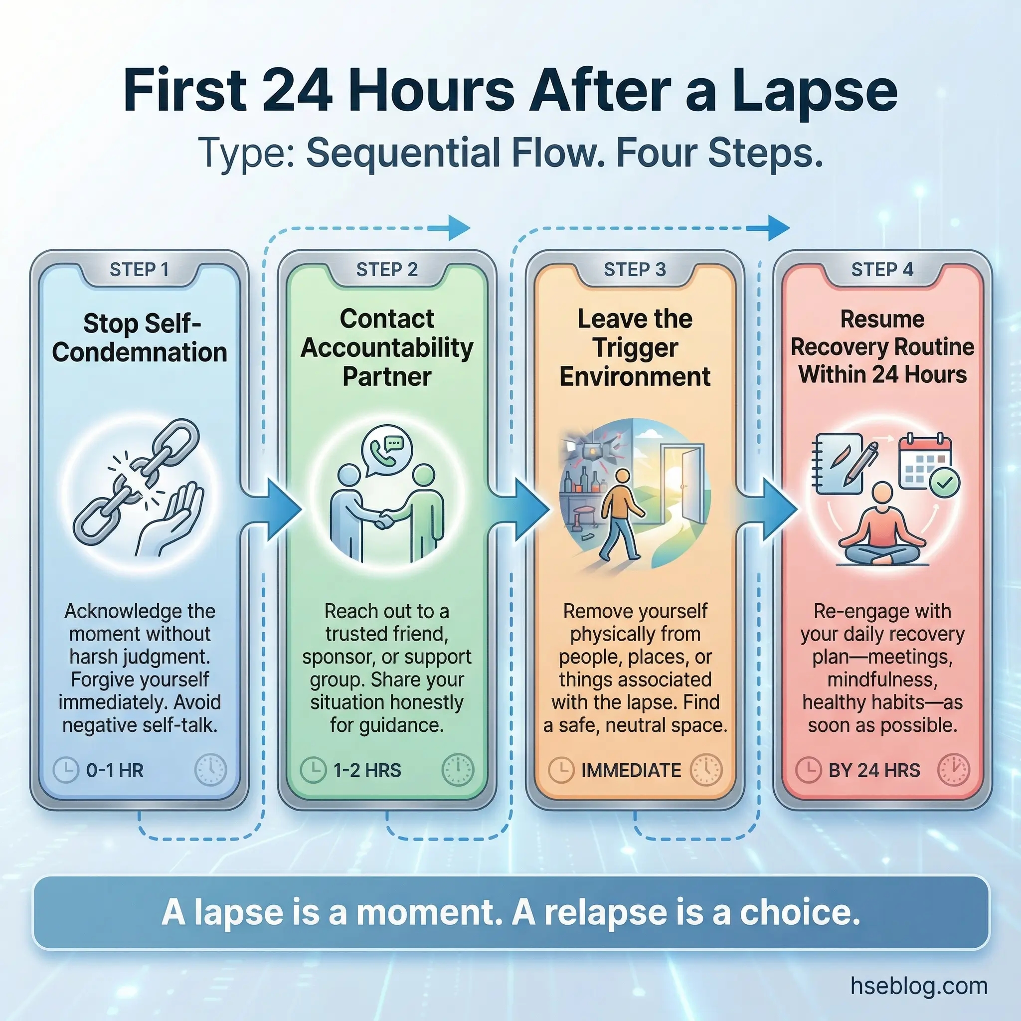 Emergency response sequence infographic showing four steps after a lapse — stop self-condemnation, contact accountability partner, leave the trigger environment, and resume recovery routine within 24 hours — by hseblog.com