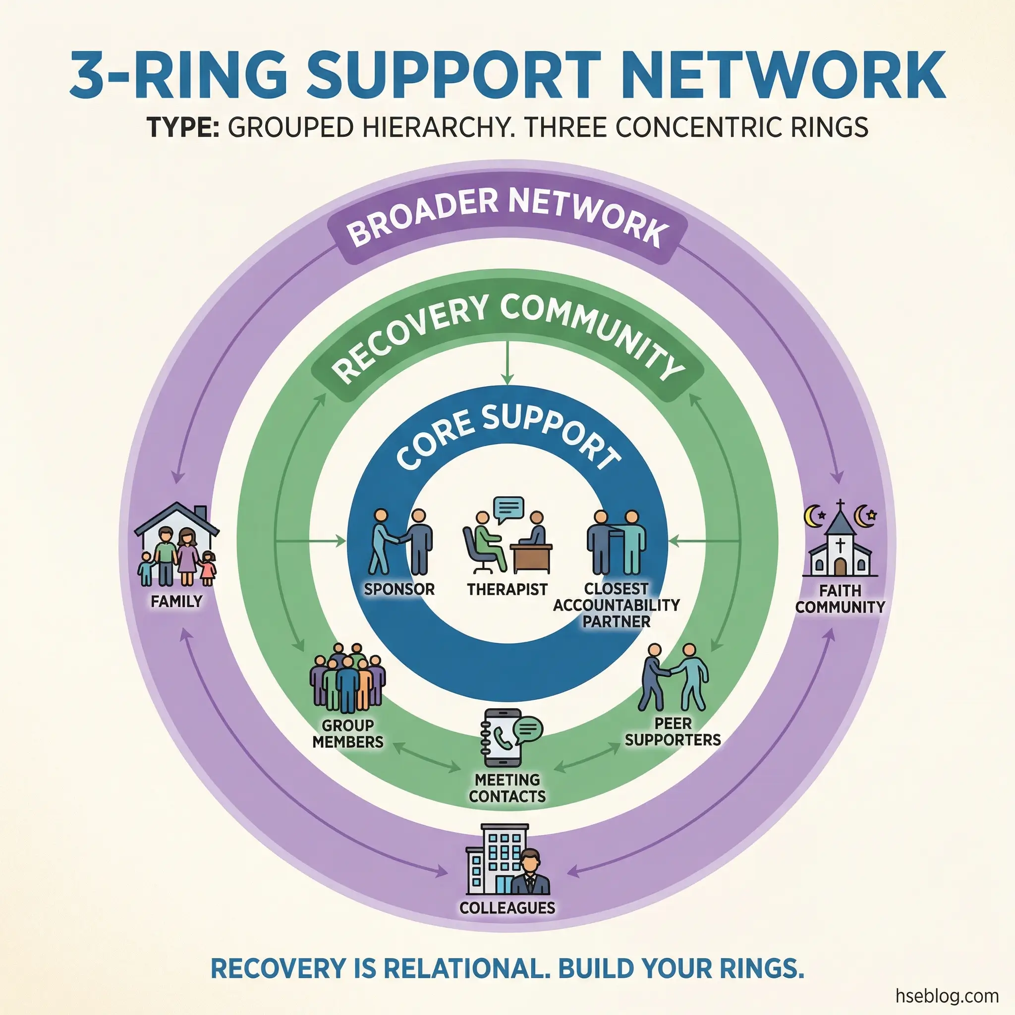 Three-ring infographic showing a sober support network structure — core support at the center, recovery community in the middle ring, and broader network in the outer ring — by hseblog.com