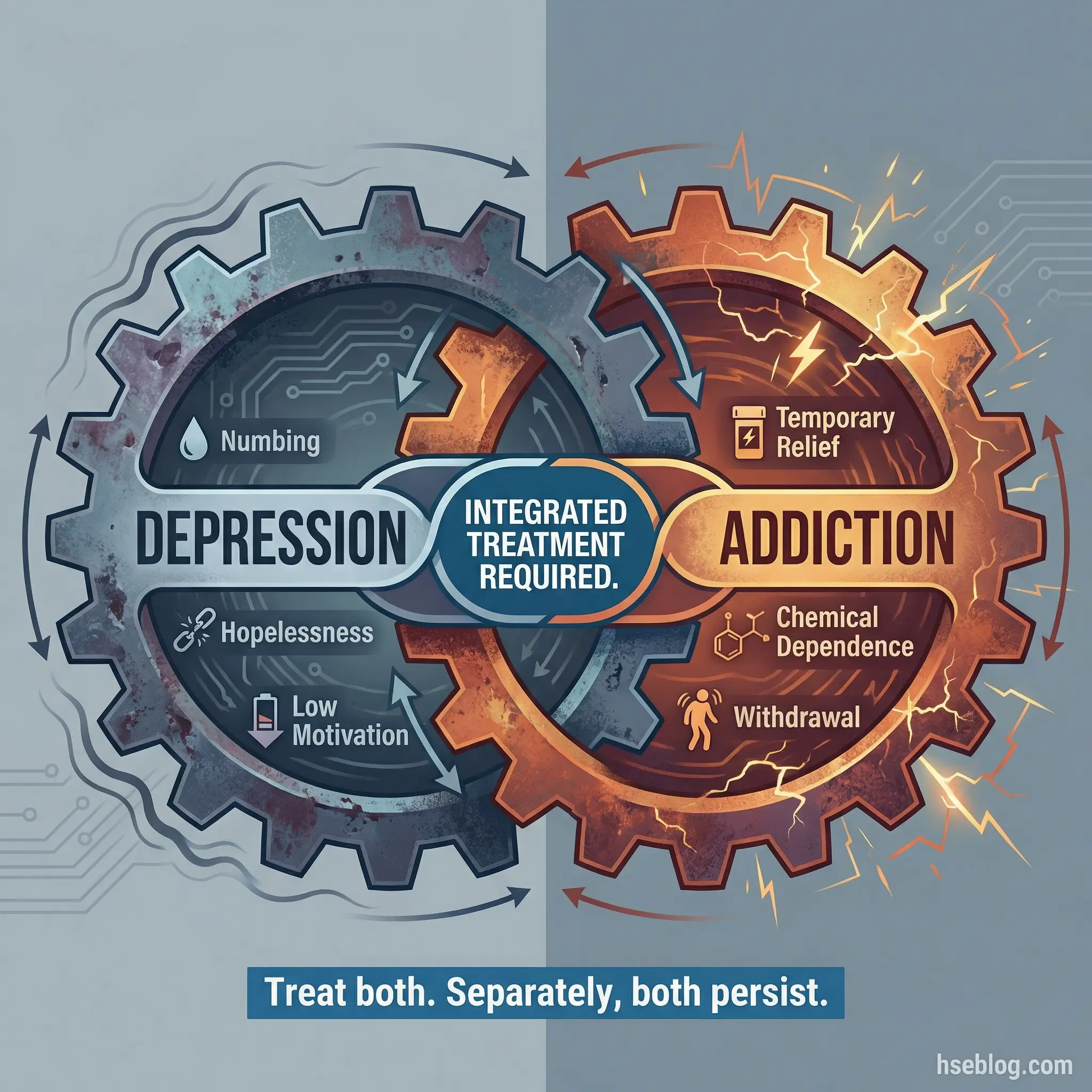 Interlocking gears infographic showing how depression and addiction interlock — depression driving numbing and hopelessness while addiction provides temporary relief and chemical dependence — requiring integrated treatment by hseblog.com