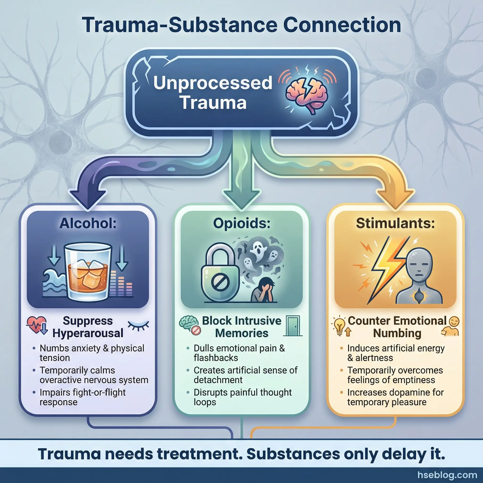 Grouped hierarchy infographic showing the trauma-substance connection — unprocessed trauma branching into three self-medication pathways using alcohol, opioids, and stimulants — by hseblog.com