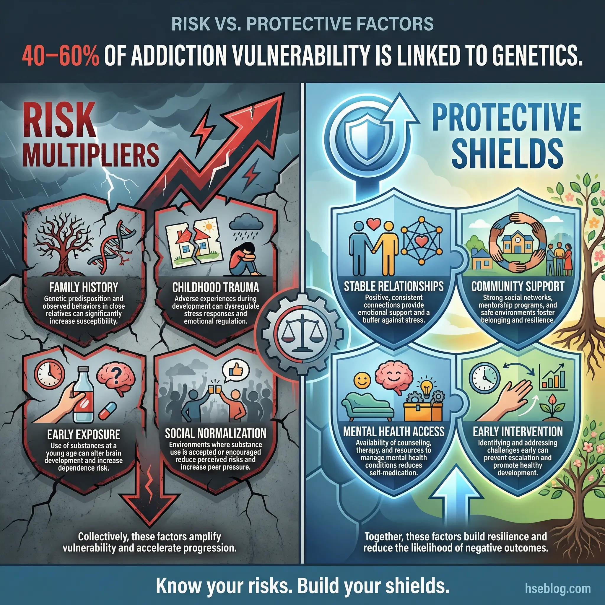 Infographic comparing addiction risk factors and protective factors side by side — family history, childhood trauma, early exposure, and social normalization versus stable relationships, community support, mental health access, and early intervention by hseblog.com