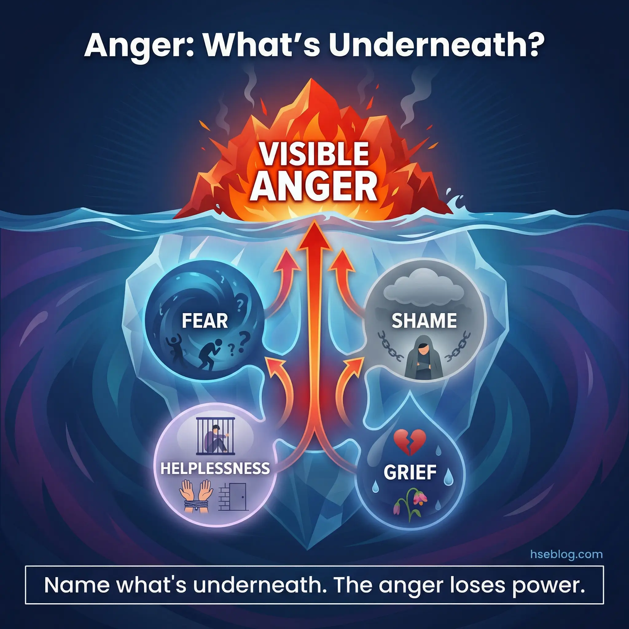 Grouped hierarchy infographic showing anger as a surface emotion with four underlying emotions revealed beneath — fear, shame, helplessness, and grief — by hseblog.com