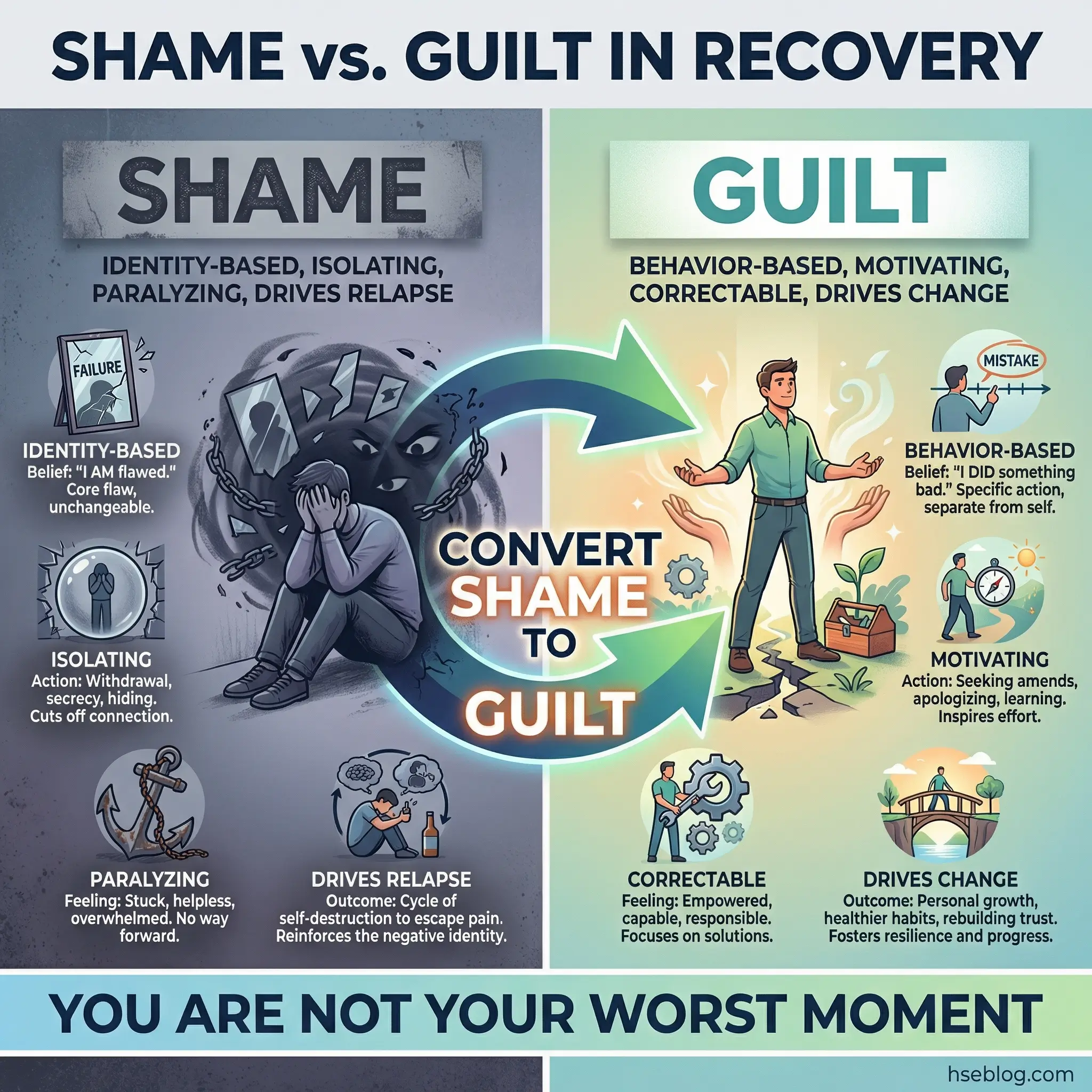 Side-by-side infographic comparing shame and guilt in recovery — shame as identity-based, isolating, and driving relapse versus guilt as behavior-based, motivating, and driving change — by hseblog.com