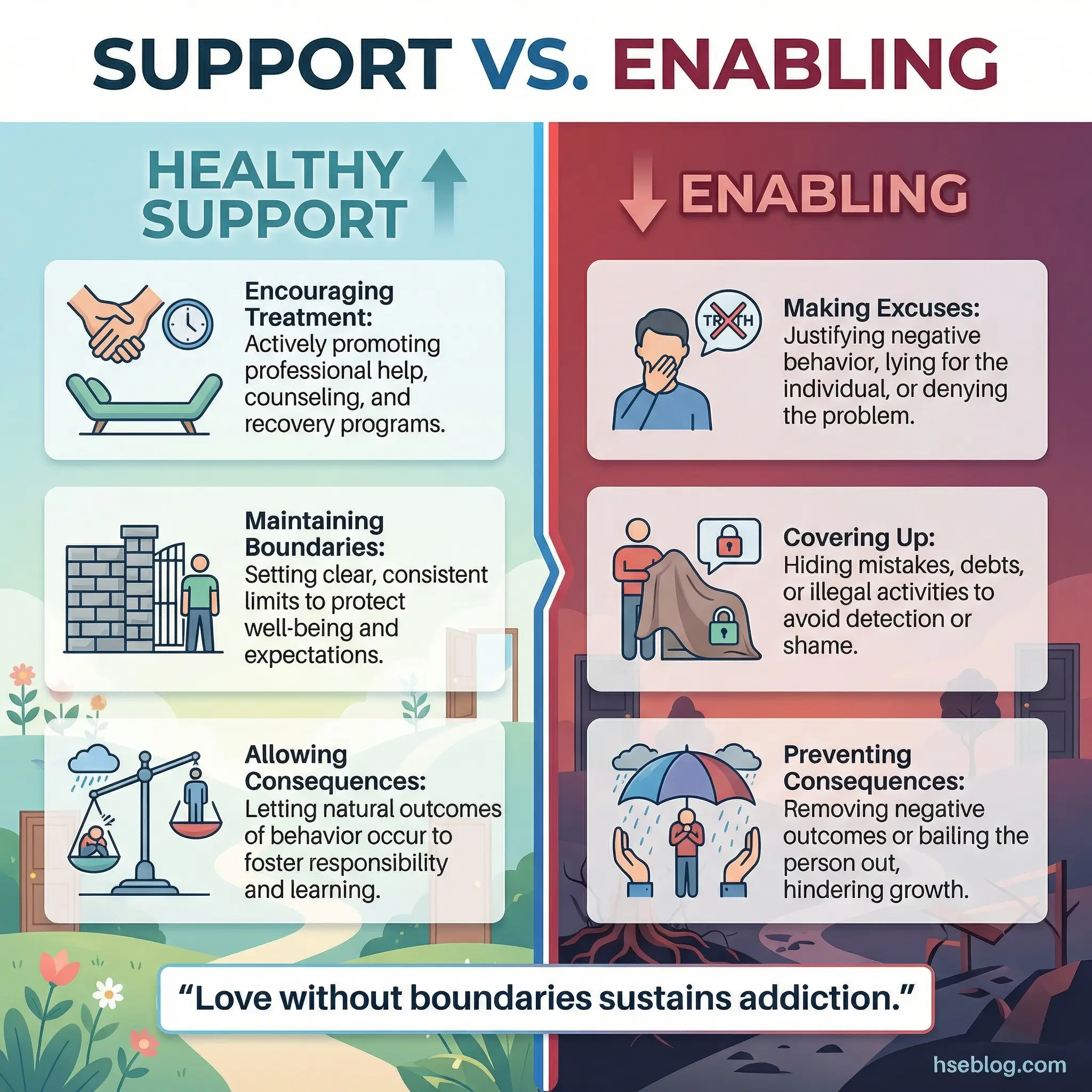 Side-by-side infographic comparing healthy support and enabling behaviors in addiction — encouraging treatment and maintaining boundaries versus making excuses and preventing consequences — by hseblog.com