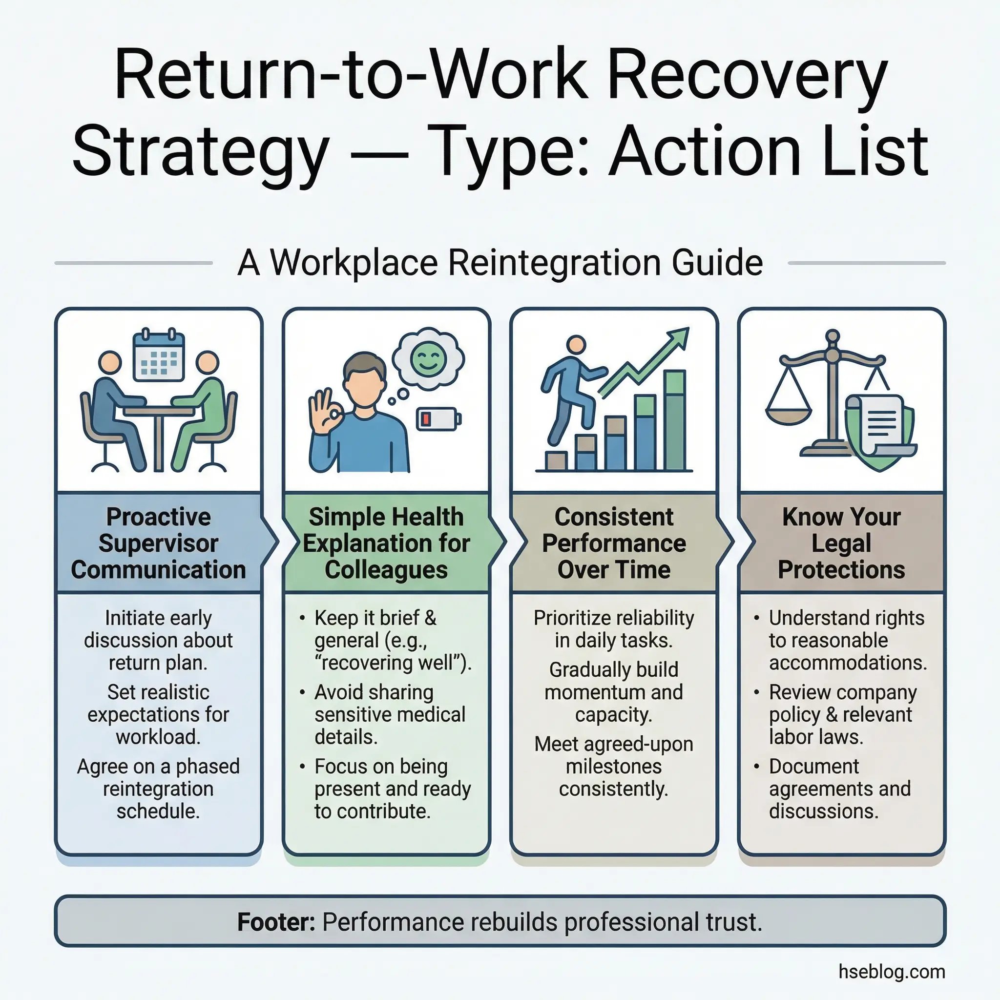 Action list infographic showing four return-to-work recovery strategies — proactive supervisor communication, simple health explanation for colleagues, consistent performance over time, and knowing legal protections — by hseblog.com