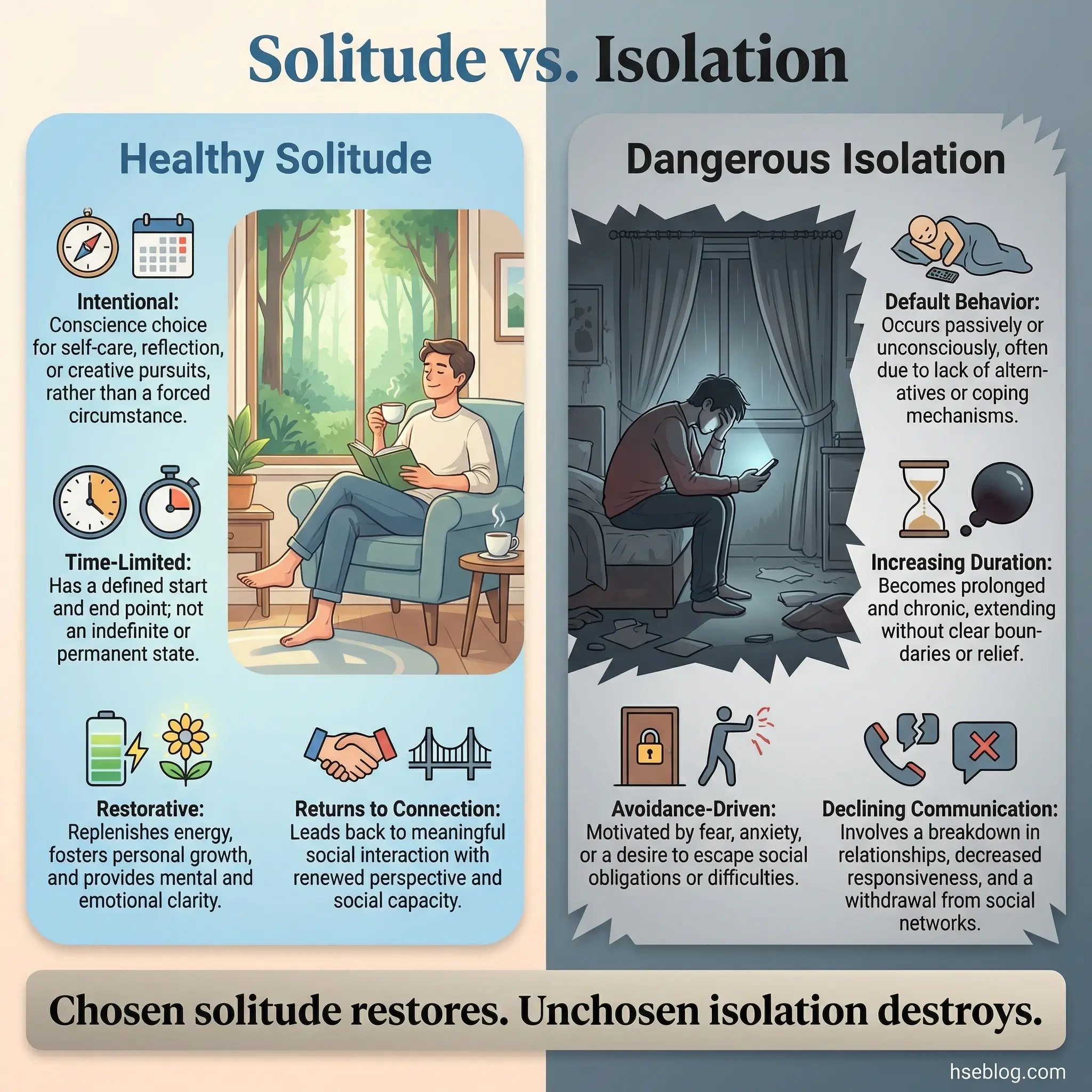 Side-by-side infographic comparing healthy solitude and dangerous isolation in recovery — intentional, time-limited, and restorative versus default behavior, increasing duration, and avoidance-driven — by hseblog.com