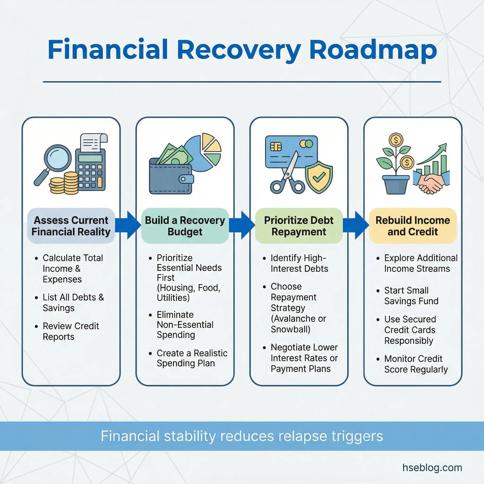 Sequential flow infographic showing a financial recovery roadmap in four steps — assess current financial reality, build a recovery budget, prioritize debt repayment, and rebuild income and credit — by hseblog.com