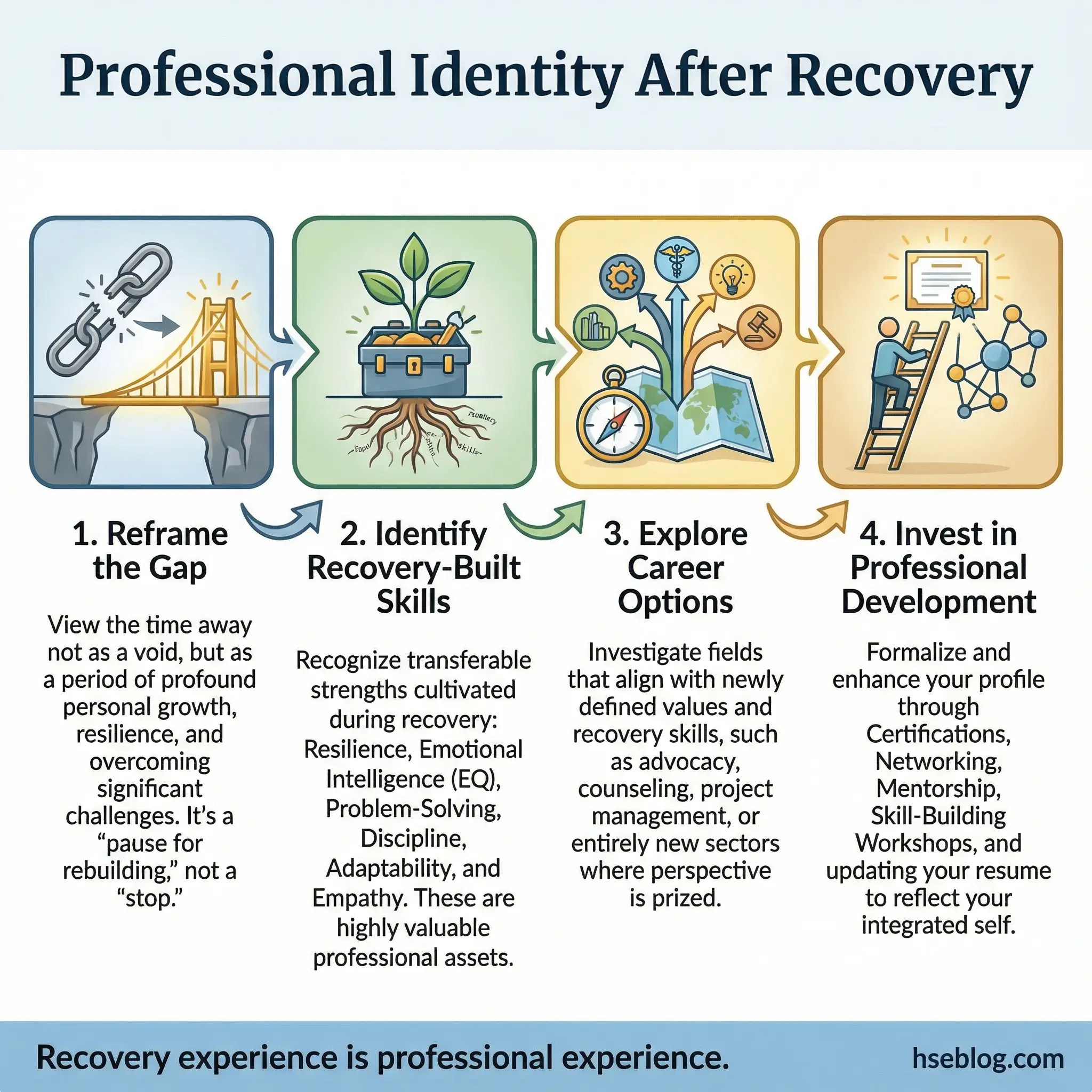 Sequential flow infographic showing four steps for professional identity after recovery — reframe the gap, identify recovery-built skills, explore career options, and invest in professional development — by hseblog.com