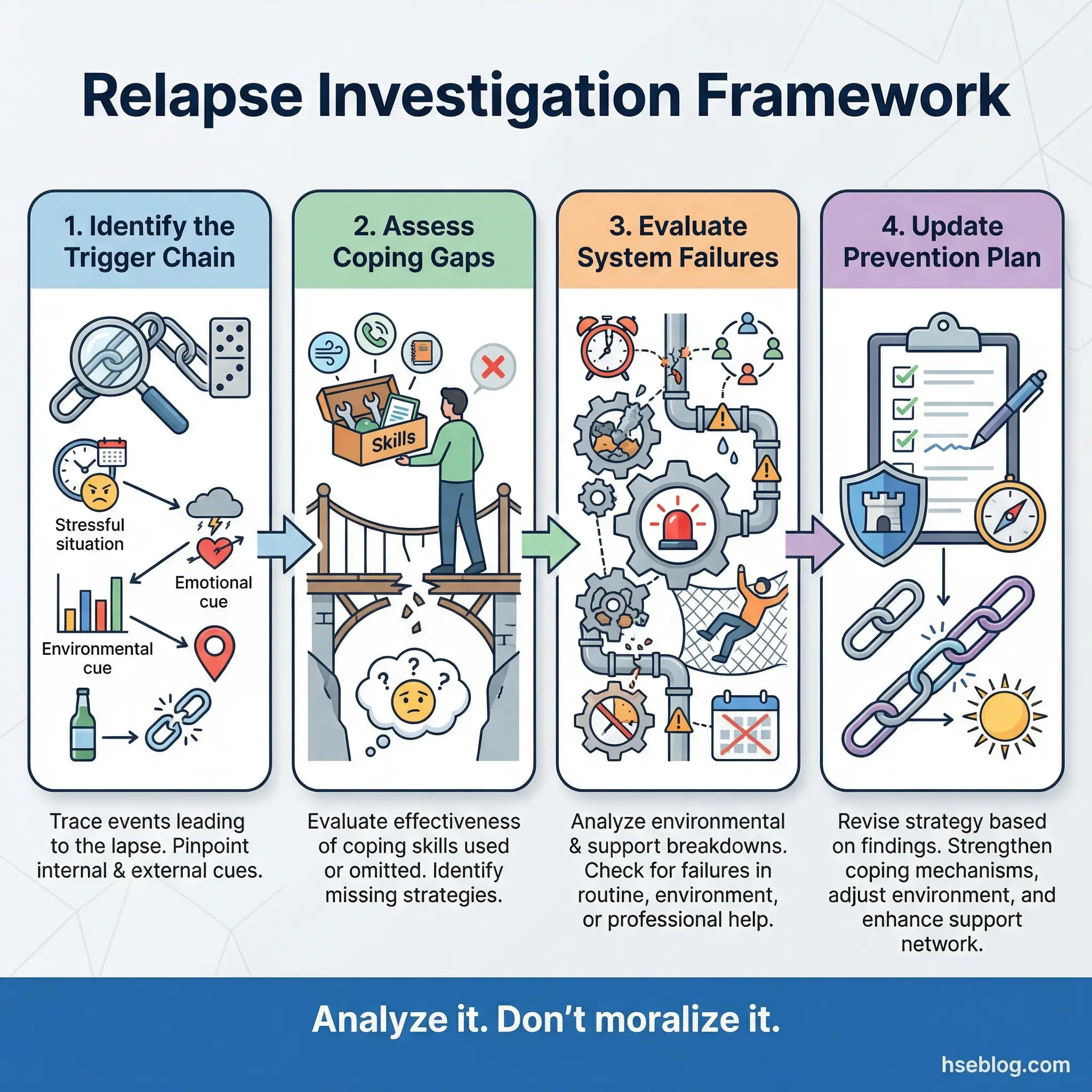 Sequential flow infographic showing a relapse investigation framework in four analytical steps — identify the trigger chain, assess coping gaps, evaluate system failures, and update prevention plan — by hseblog.com