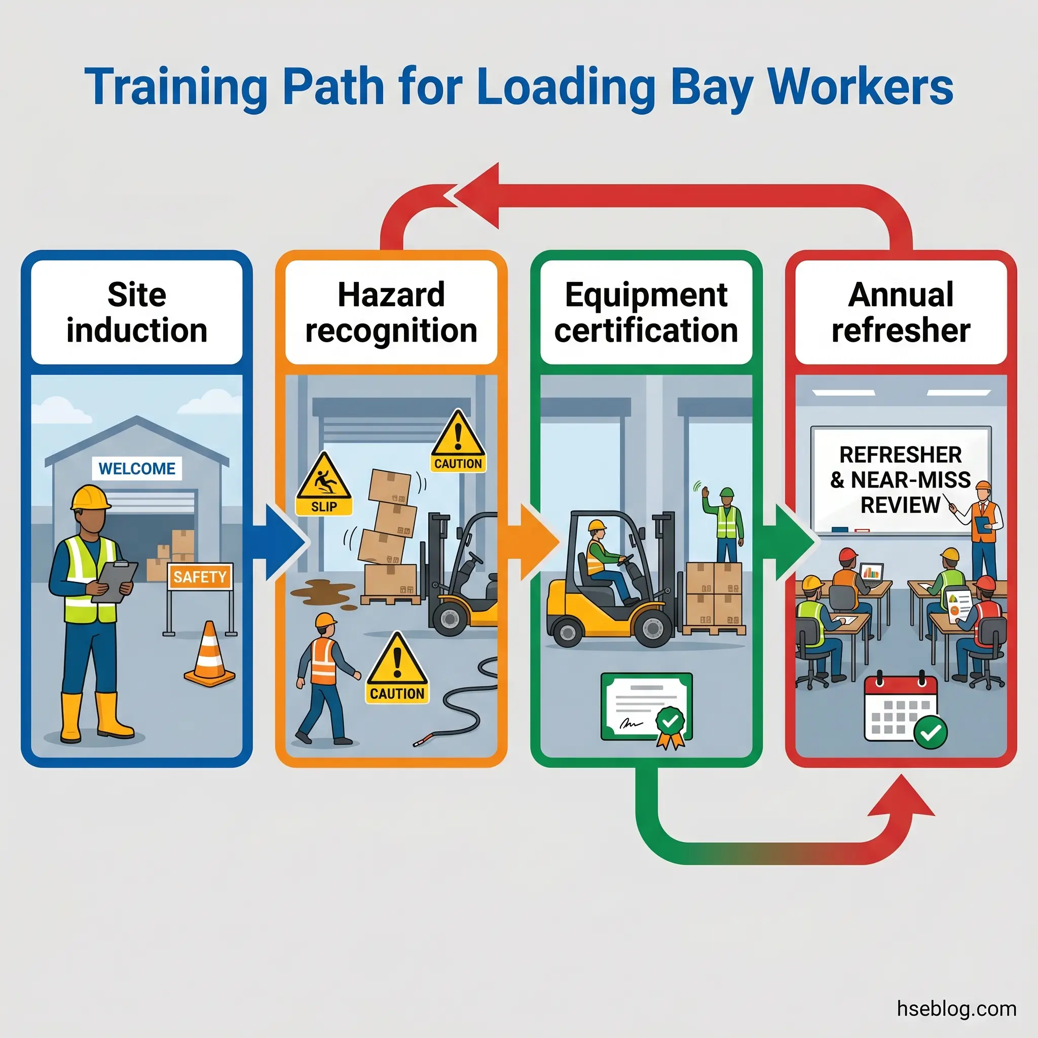 Four-stage training pathway for loading bay workers showing site induction, hazard recognition, equipment certification, and annual refresher training with illustrations of safety procedures and workers.