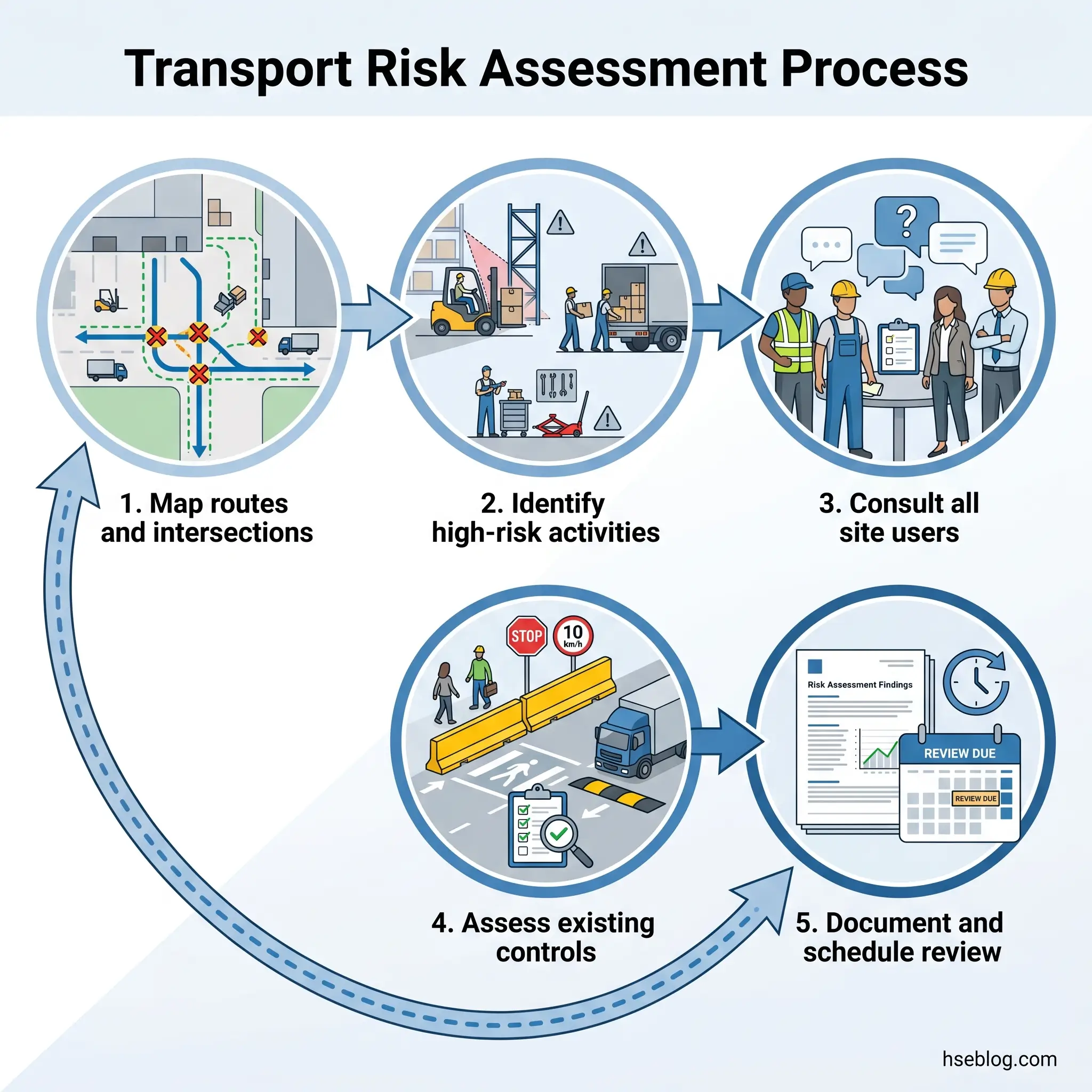 Flowchart showing five-step Transport Risk Assessment Process: mapping routes and intersections, identifying high-risk activities, consulting site users, assessing existing controls, and documenting findings for scheduled review.