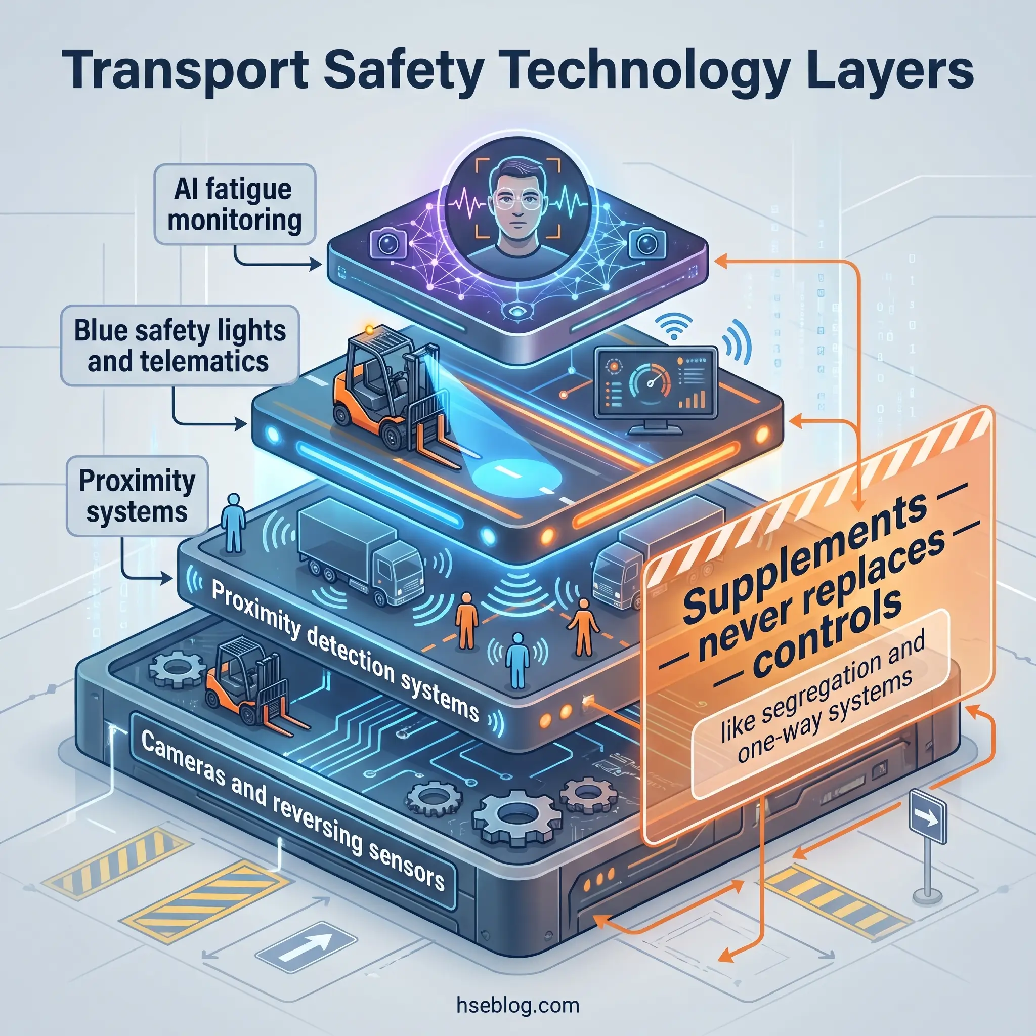 Layered diagram showing transport safety technology stack including cameras, proximity systems, telematics, and AI fatigue monitoring, with note that these systems supplement rather than replace controls like segregation and one-way systems.
