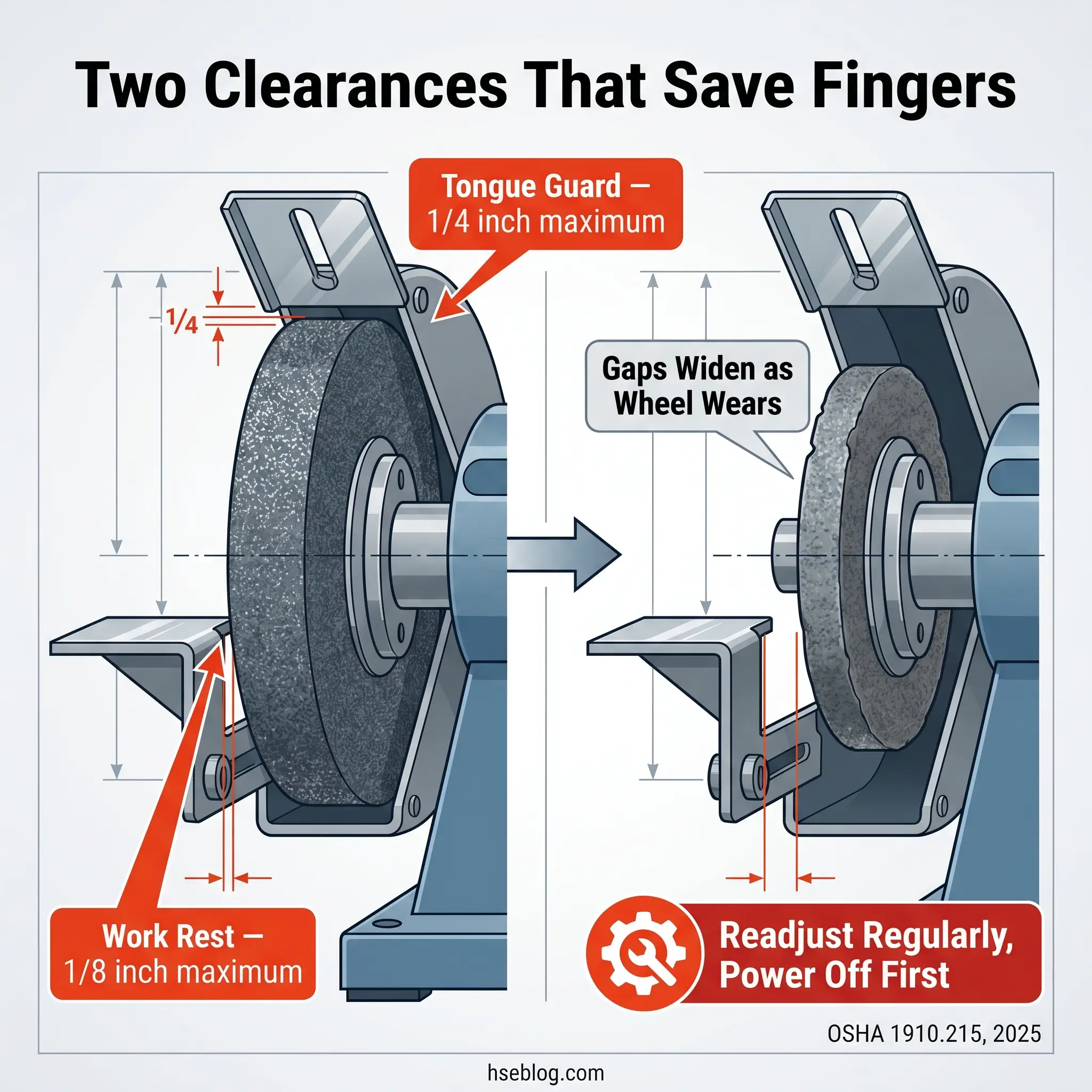 Diagram showing two critical clearances on a bench grinder to prevent finger injuries: tongue guard maximum 1/4 inch and work rest maximum 1/8 inch, with note to readjust regularly and power off first.