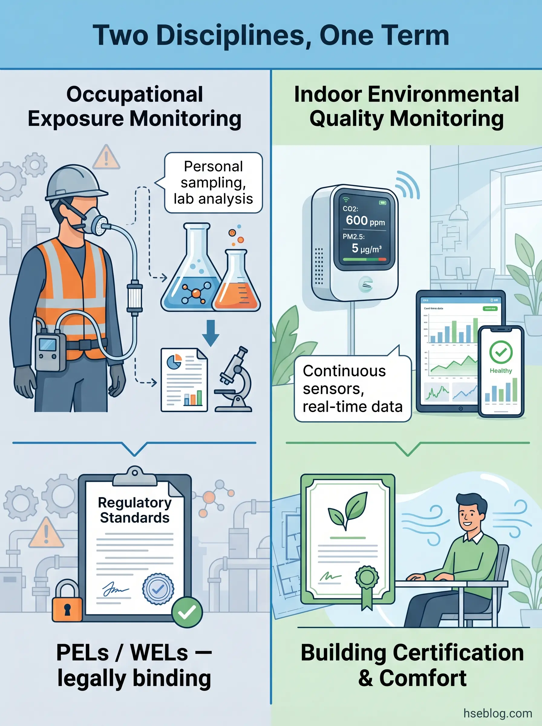Infographic comparing Occupational Exposure Monitoring and Indoor Environmental Quality Monitoring, showing methods, data collection, regulatory standards, and applications for workplace and building health.