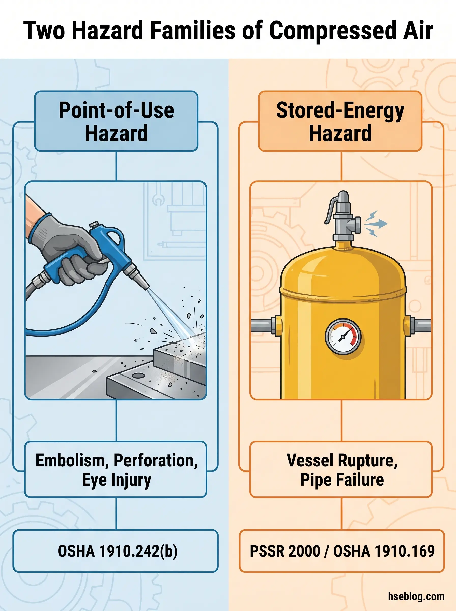 Infographic comparing two hazard families of compressed air: point-of-use hazards causing embolism and eye injury, and stored-energy hazards causing vessel rupture and pipe failure, with relevant OSHA regulations.