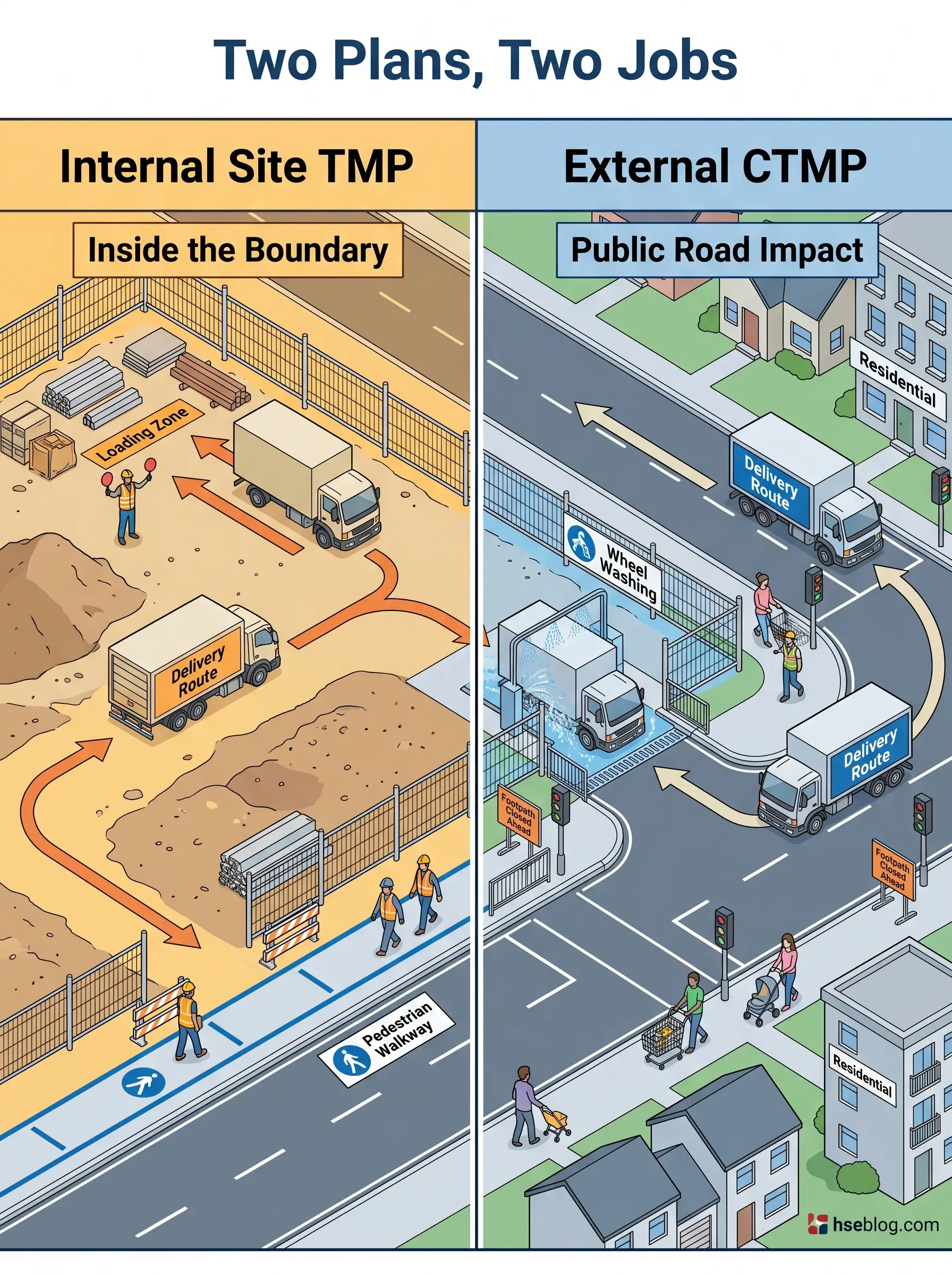 Illustrated comparison of Internal Site TMP and External CTMP showing delivery routes, loading zones, pedestrian walkways, and public road impact for two different construction traffic management plans.