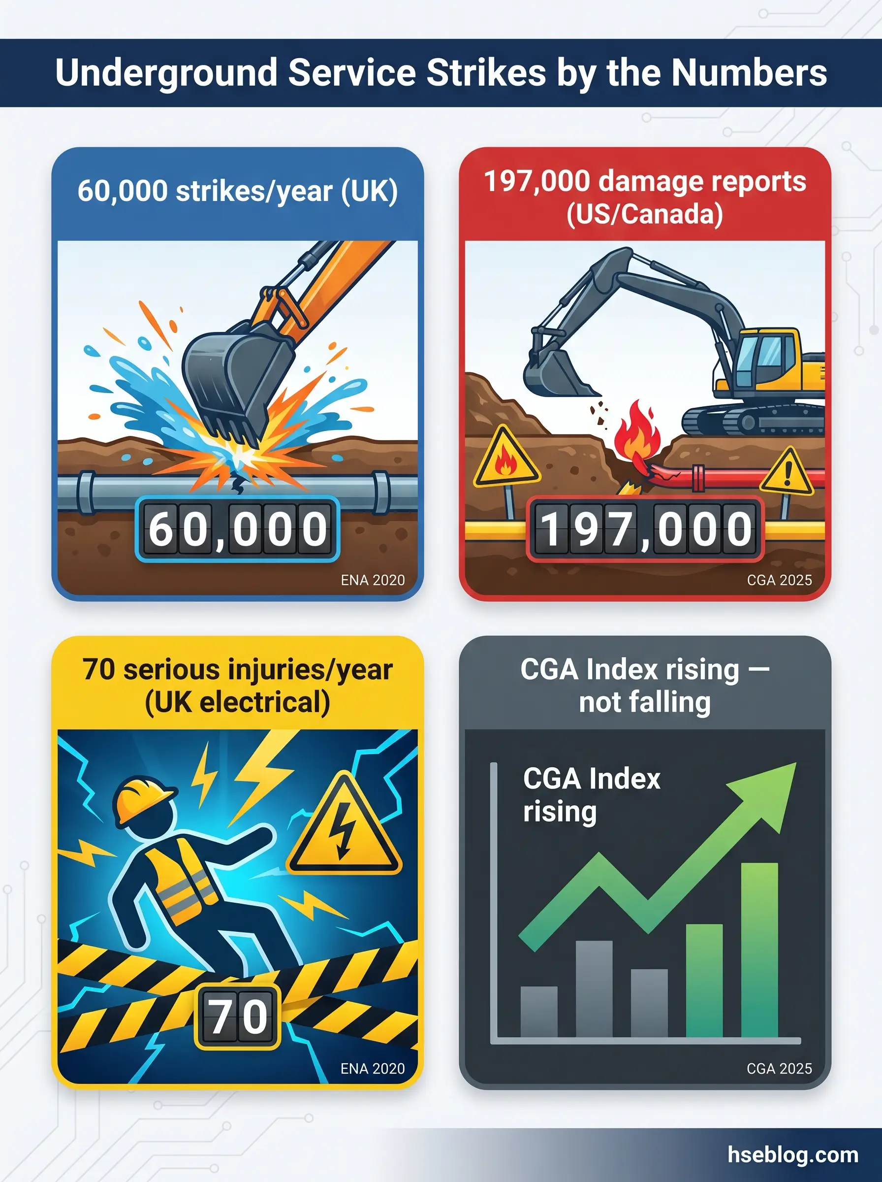 Infographic showing underground service strike statistics including 60,000 UK strikes annually, 197,000 US/Canada damage reports, 70 UK electrical injuries yearly, and rising CGA Index trends with warning icons and construction imagery.