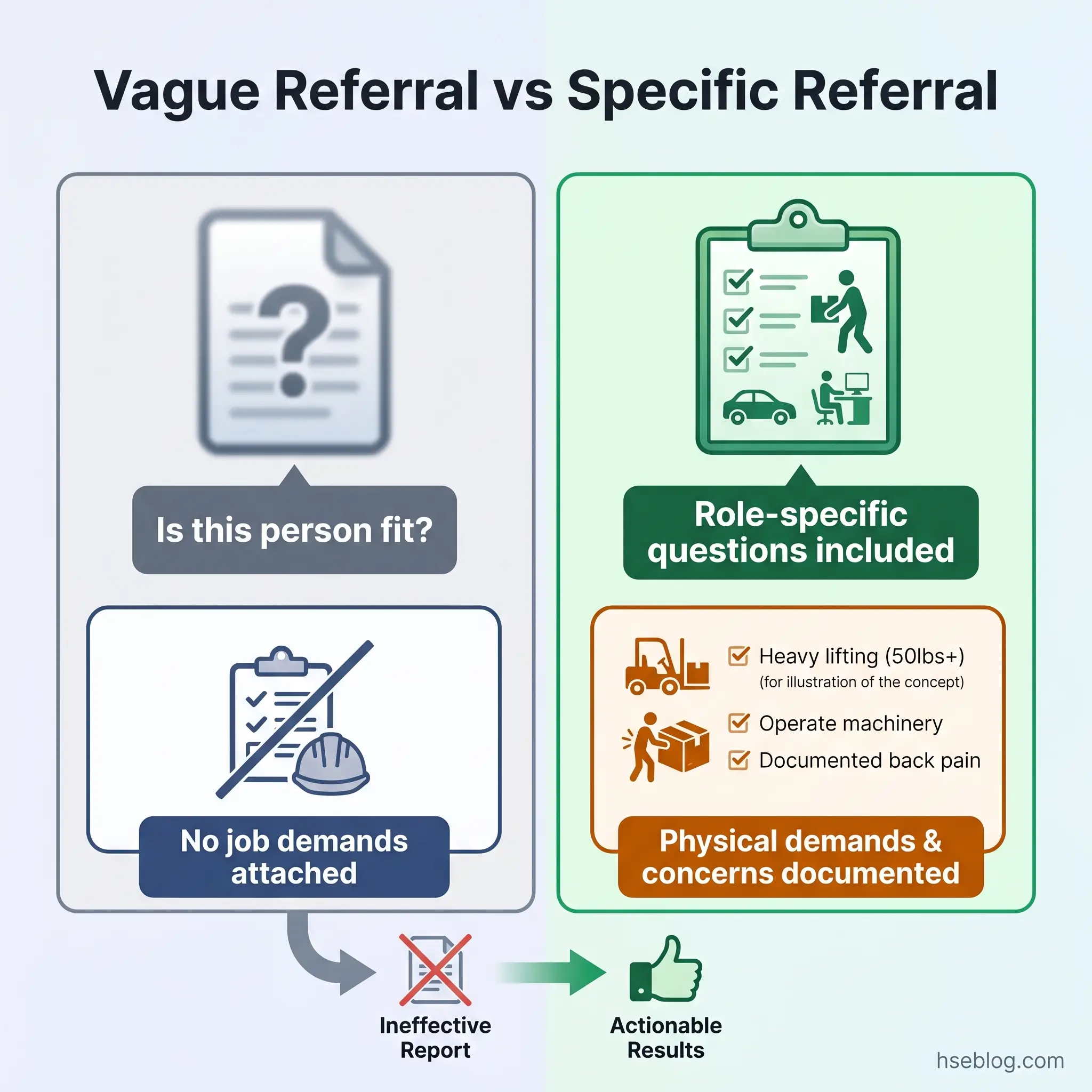 Infographic comparing vague referrals lacking job demands to specific referrals with role-based questions and documented physical demands, showing how specificity leads to actionable results in occupational health assessments.