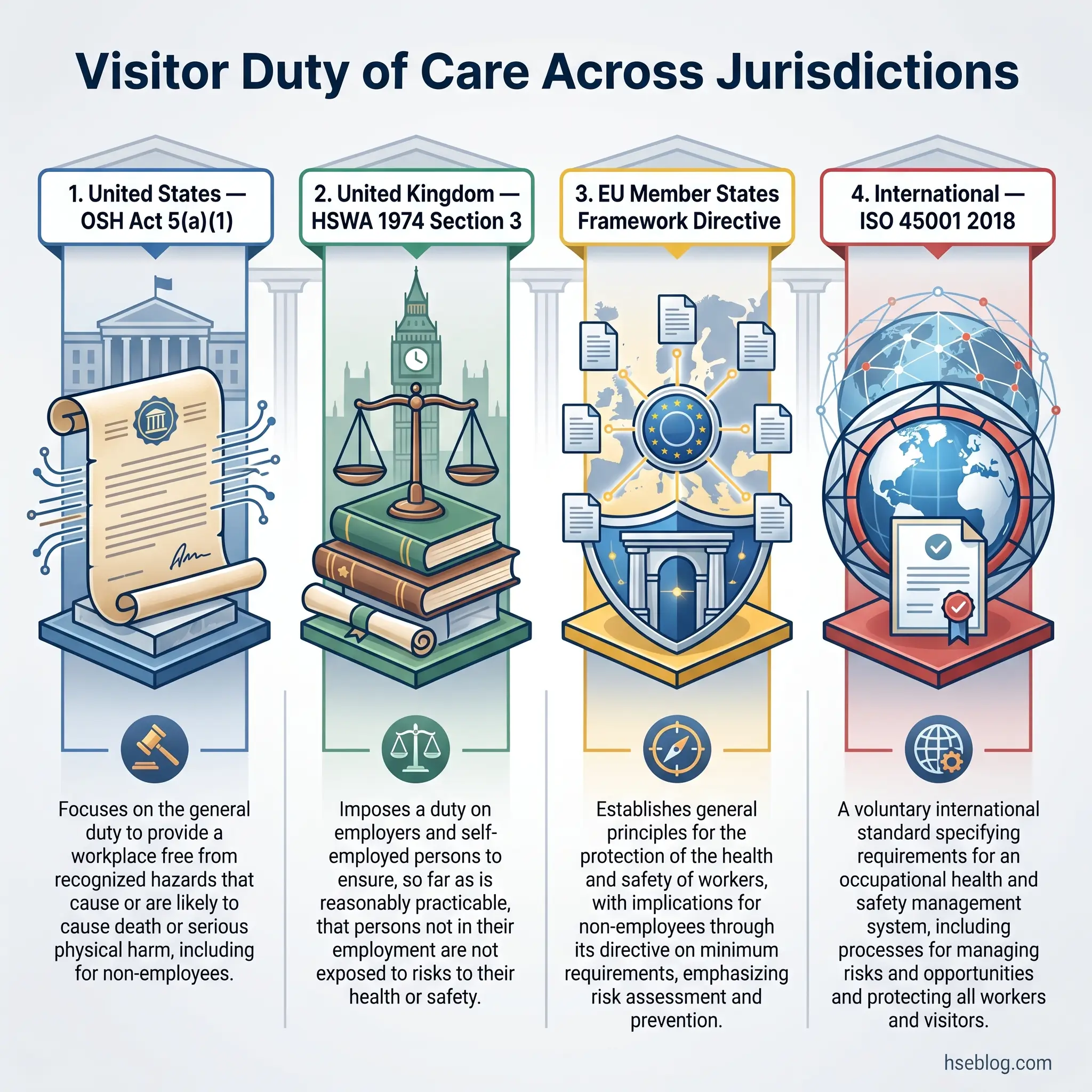 Infographic comparing visitor duty of care laws across four jurisdictions: United States OSH Act, United Kingdom HSWA 1974, EU Member States Framework Directive, and international ISO 45001 2018 standard.
