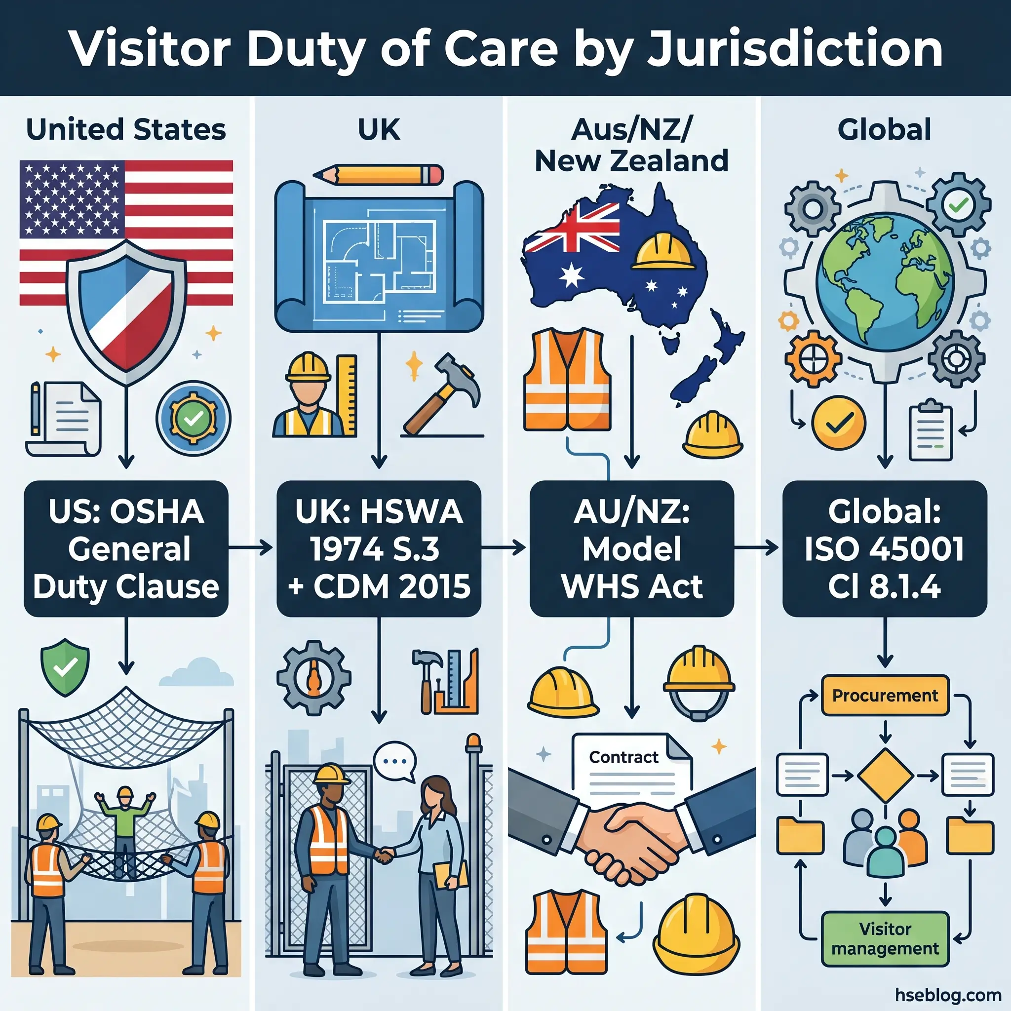Infographic comparing visitor duty of care standards across four jurisdictions: US OSHA General Duty Clause, UK HSWA 1974 S.3 and CDM 2015, Australia/NZ Model WHS Act, and Global ISO 45001 CI 8.1.4, with icons showing workplace safety requirements and management processes.