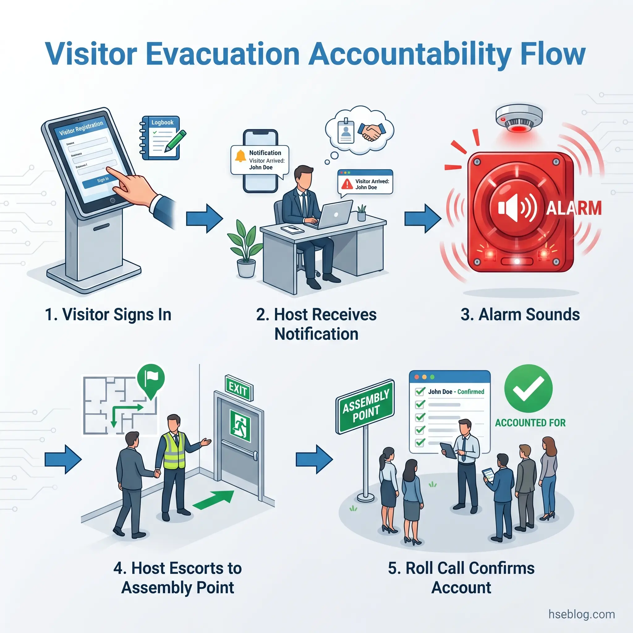Infographic showing five-step visitor evacuation accountability process: sign-in registration, host notification, alarm activation, escort to assembly point, and roll call confirmation with accounting verification.
