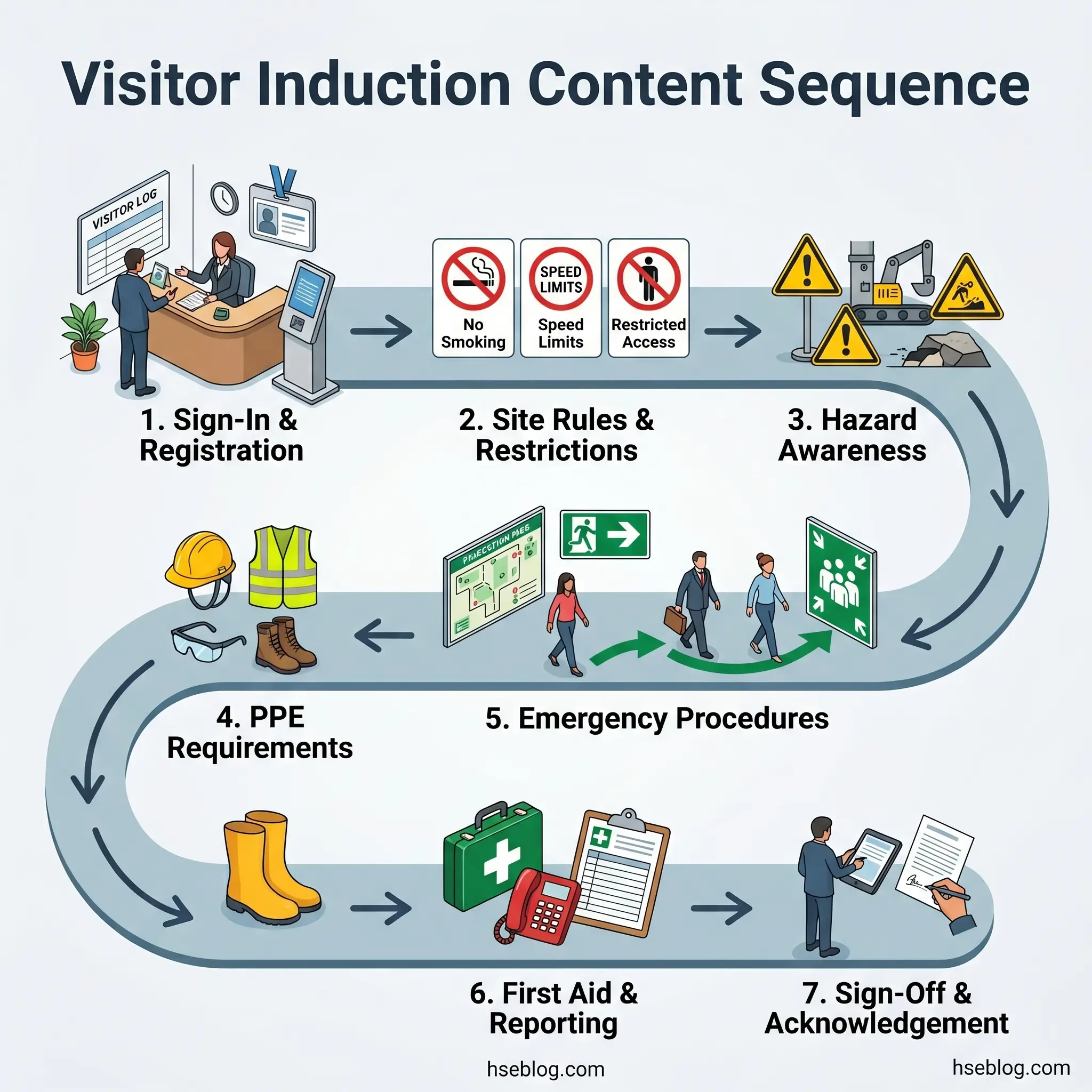 Seven-step visitor induction process flowchart showing registration, site rules, hazard awareness, PPE requirements, emergency procedures, first aid training, and sign-off acknowledgement with icons and illustrated figures.