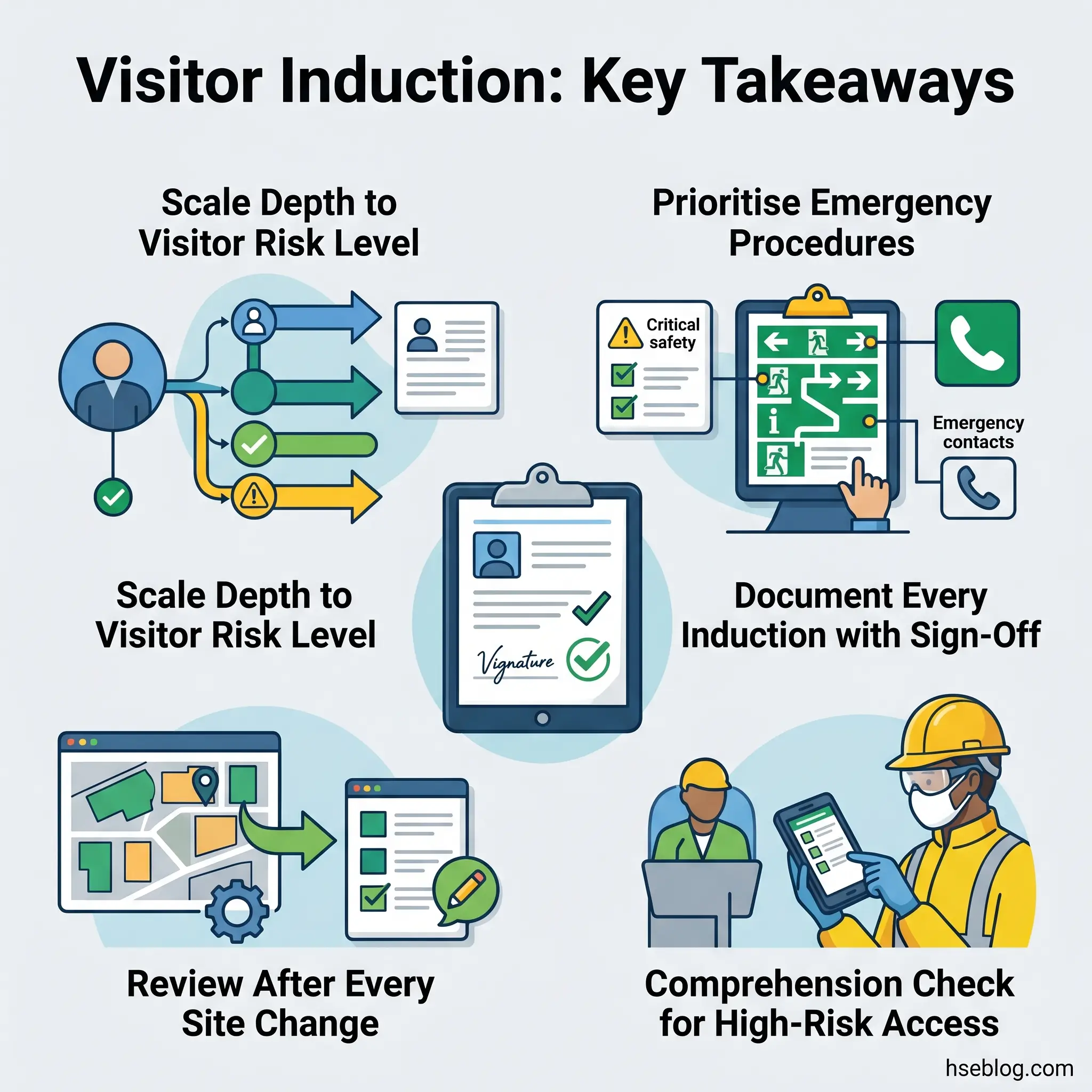 Infographic showing six key takeaways for visitor induction programs: scaling depth to risk level, prioritizing emergency procedures with evacuation routes and contacts, documenting sign-offs, reviewing after site changes, and conducting comprehension checks for high-risk access.