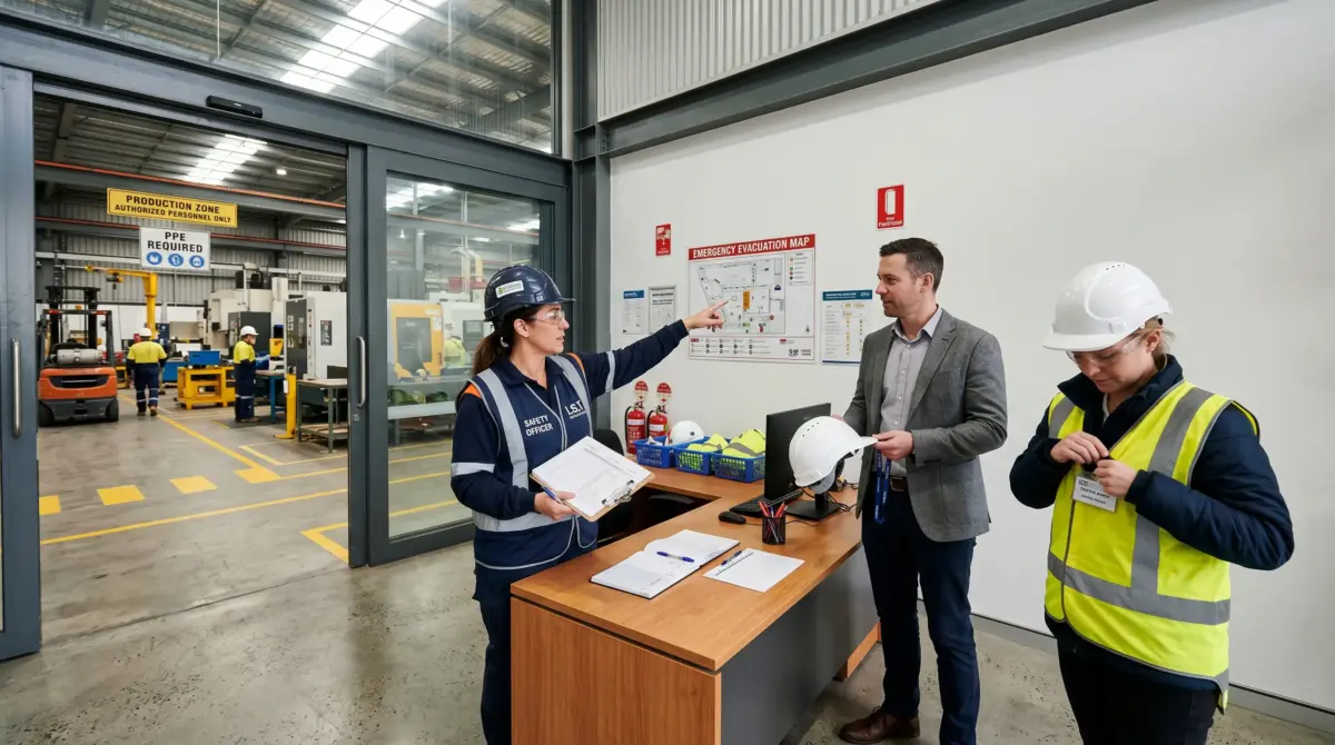 Safety officer in hard hat points to emergency evacuation map while discussing workplace safety procedures with two colleagues in an industrial manufacturing facility.