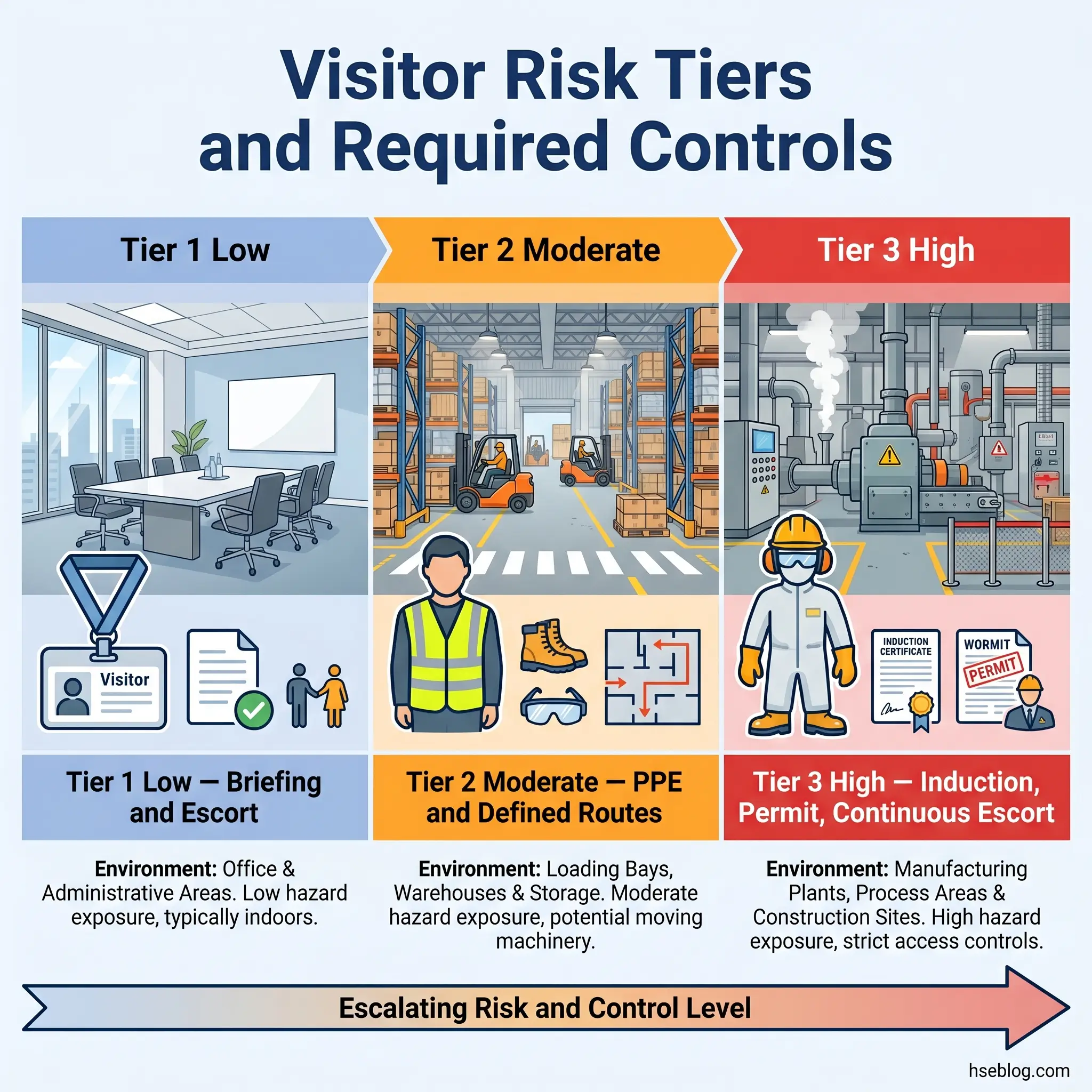 A chart showing three visitor risk tiers with corresponding safety controls: Tier 1 Low for office areas requiring briefing and escort, Tier 2 Moderate for warehouses needing PPE and defined routes, and Tier 3 High for manufacturing plants requiring induction, permits and continuous escort.
