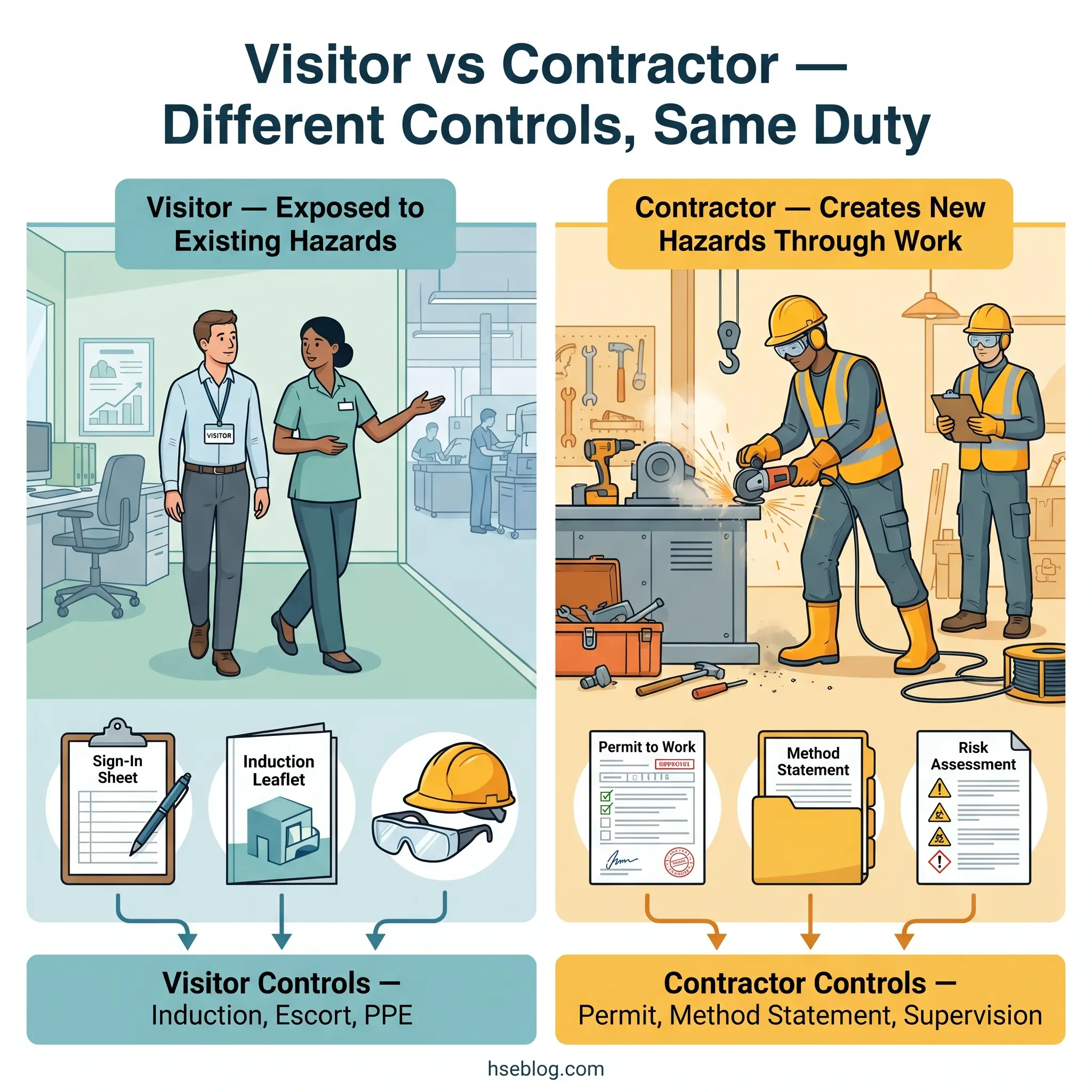Infographic comparing visitor and contractor safety controls: visitors receive induction and PPE for existing hazards, while contractors require permits and risk assessments for work-related hazards.