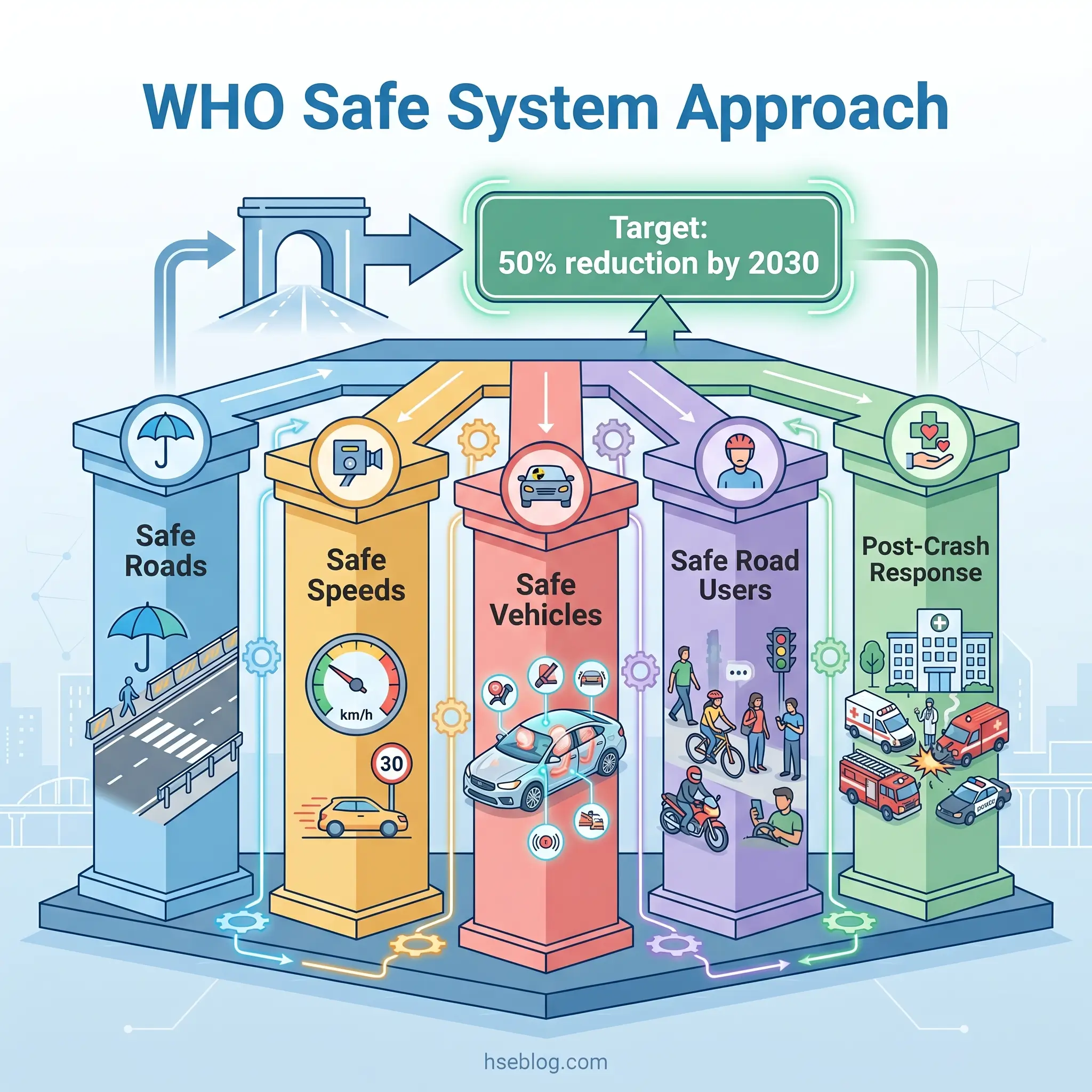 Infographic showing WHO Safe System Approach with five pillars—Safe Roads, Safe Speeds, Safe Vehicles, Safe Road Users, and Post-Crash Response—supporting a 50% reduction target by 2030 for road safety.
