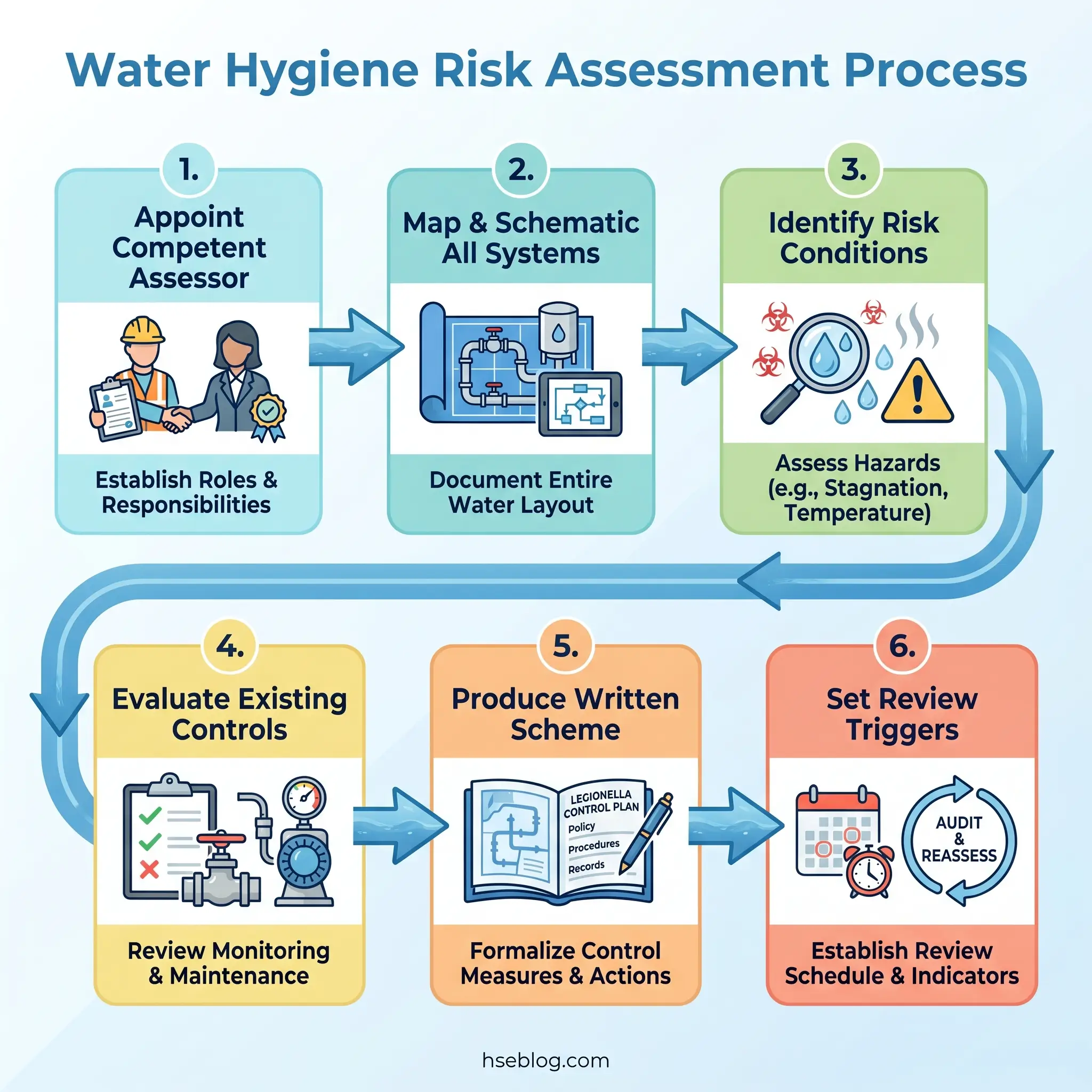 Infographic showing six sequential steps of the Water Hygiene Risk Assessment Process, from appointing an assessor through mapping systems, identifying hazards, evaluating controls, producing documentation, and establishing review schedules with icons and color-coded sections.