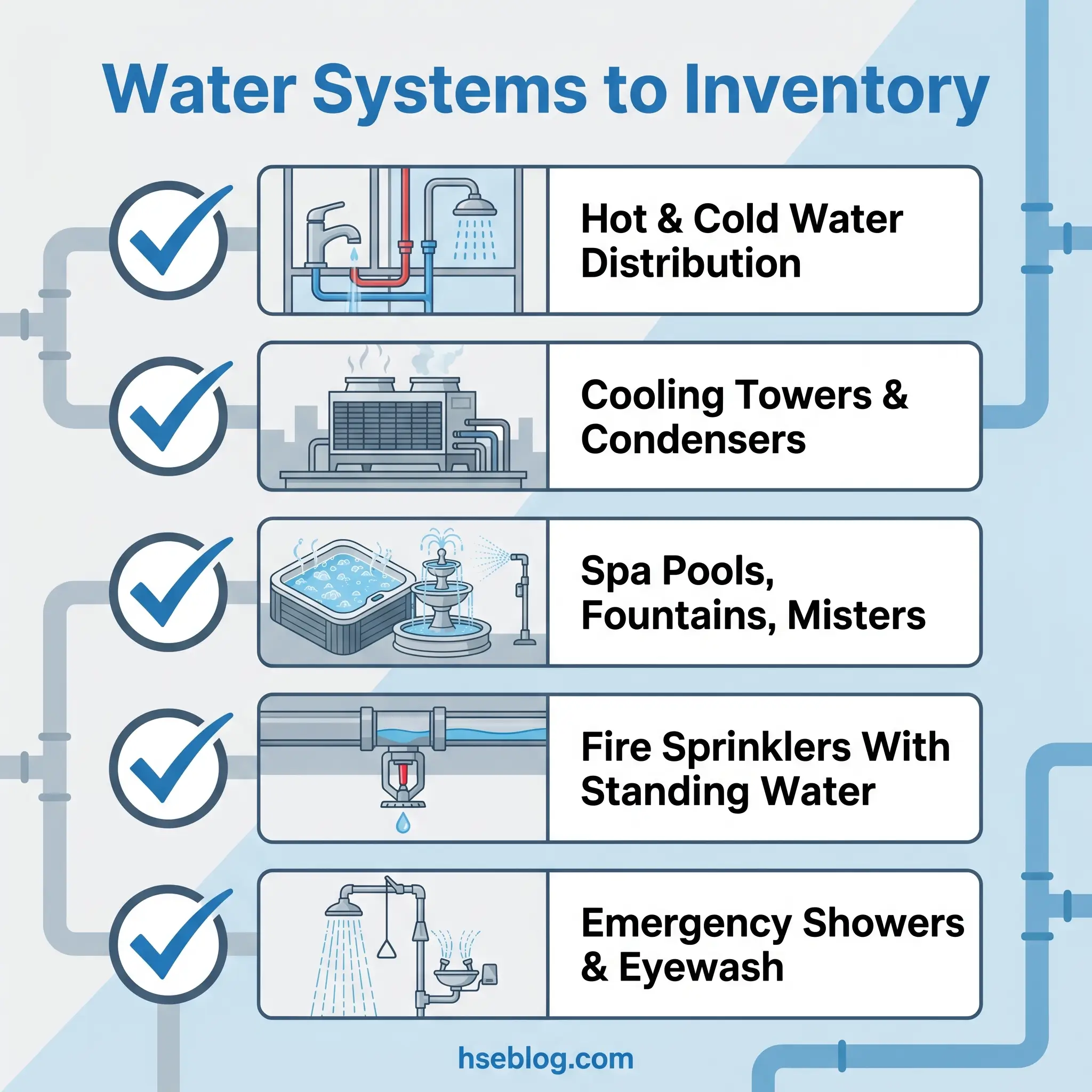 Checklist of five water systems requiring inventory: hot and cold water distribution, cooling towers and condensers, spa pools and fountains, fire sprinklers with standing water, and emergency showers and eyewash stations.