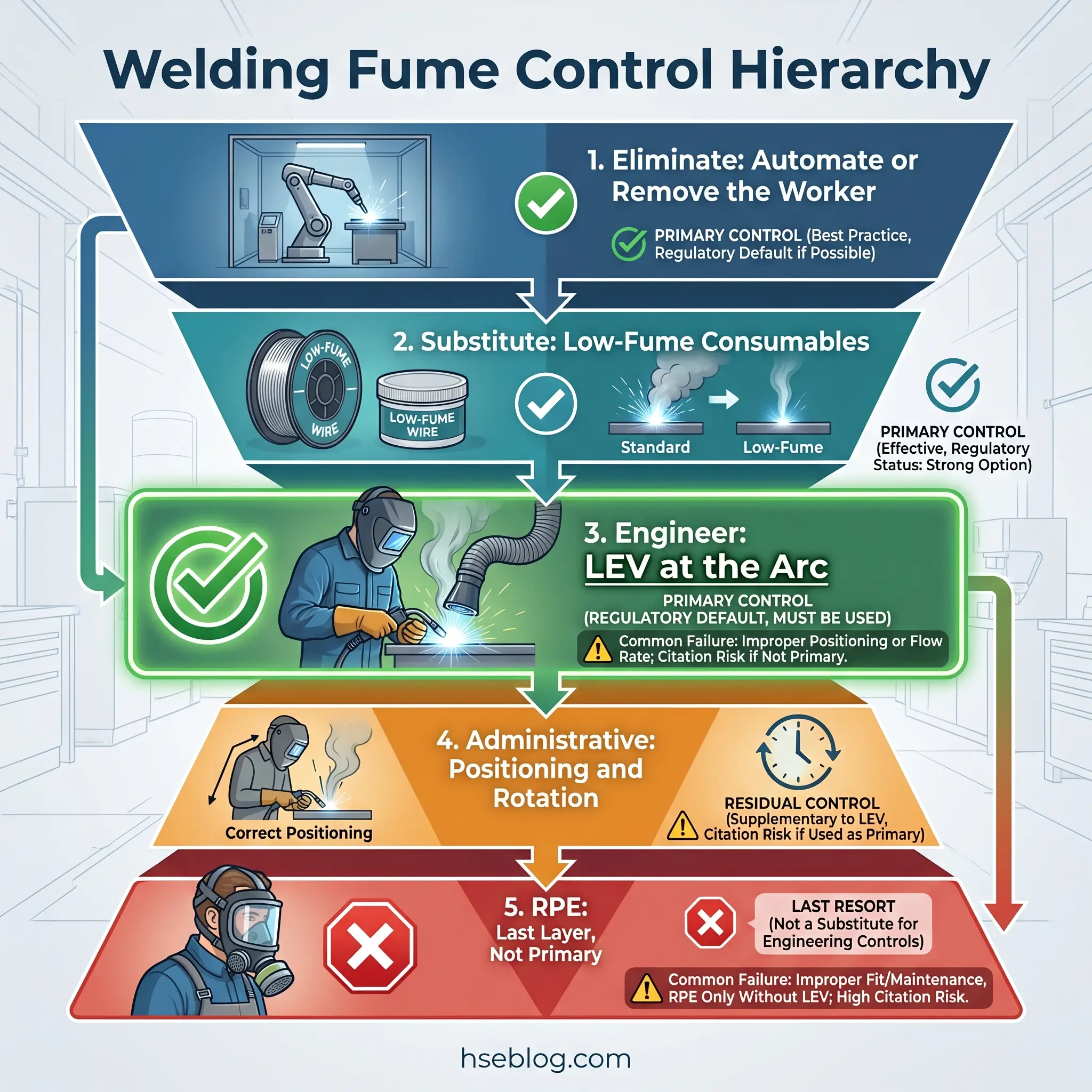 Hierarchical pyramid diagram showing five-tier welding fume control strategy, from elimination at top to RPE at bottom, with icons, descriptions, and regulatory status for each level.