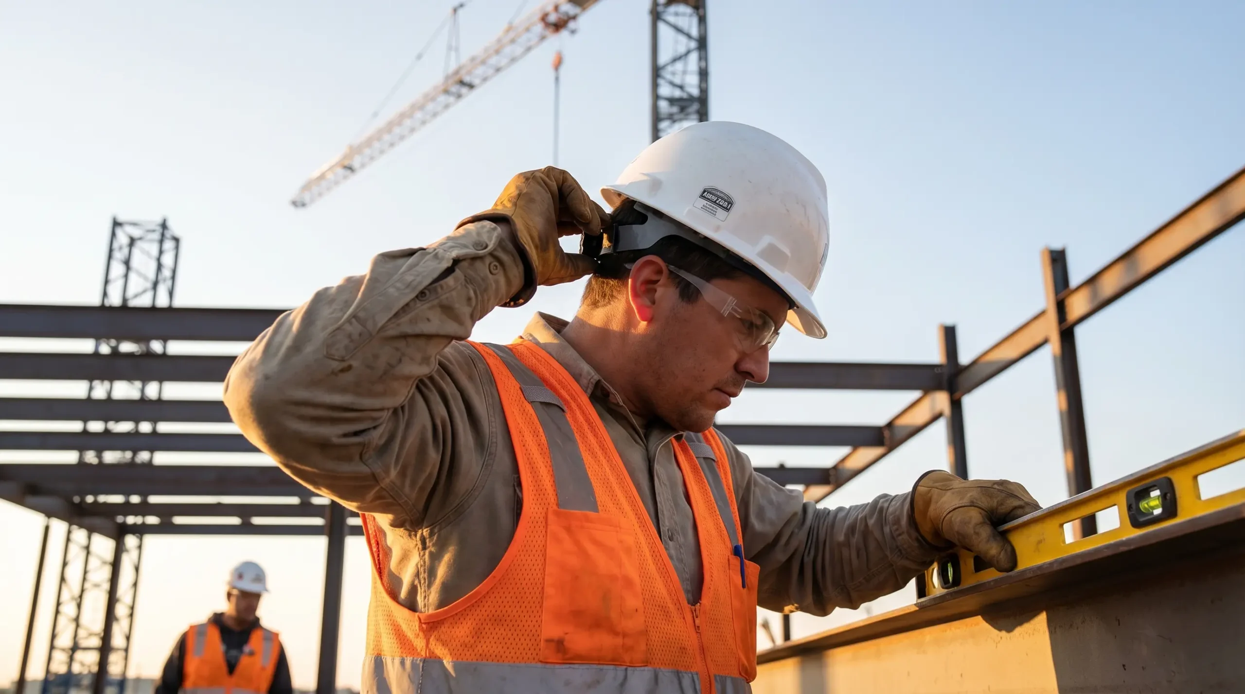 Construction worker in safety gear adjusting hard hat while holding level on steel beam framework at active building site with crane in background.