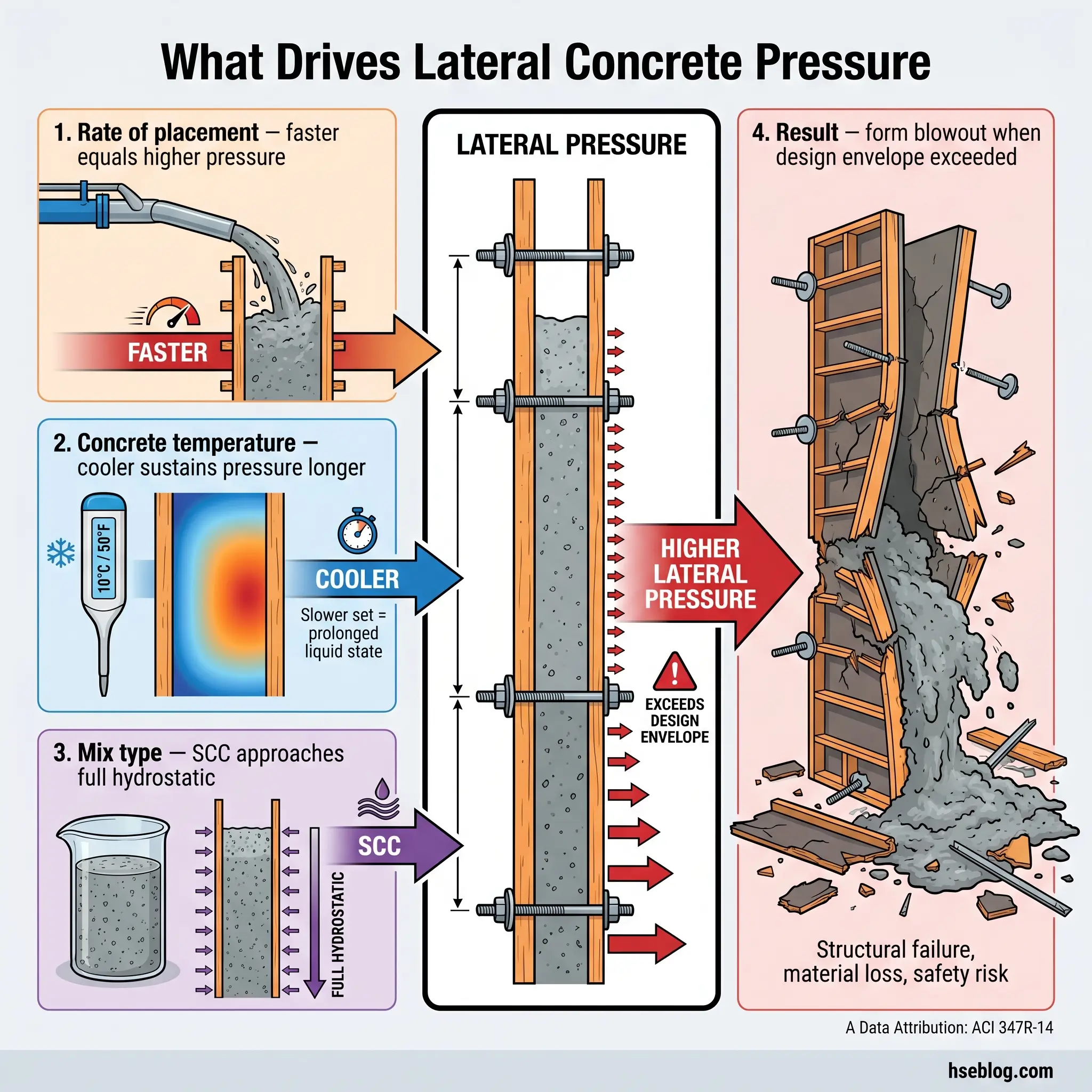Infographic explaining four factors that drive lateral concrete pressure in formwork: placement rate, concrete temperature, mix type, and resulting form blowout when pressure exceeds design capacity.