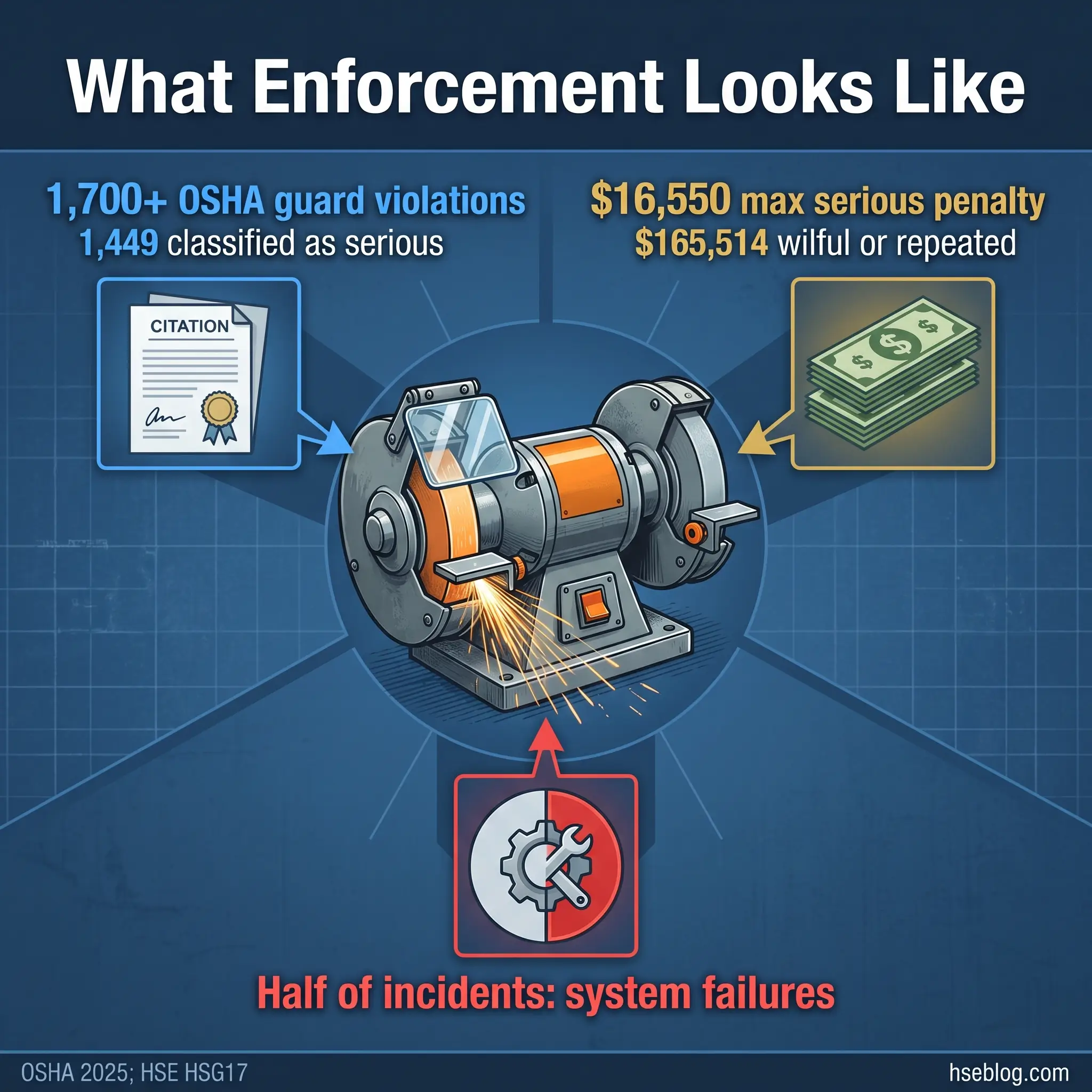 Infographic showing OSHA enforcement statistics including 1,700+ guard violations with citations, $16,550 maximum penalties, and half of incidents caused by system failures.