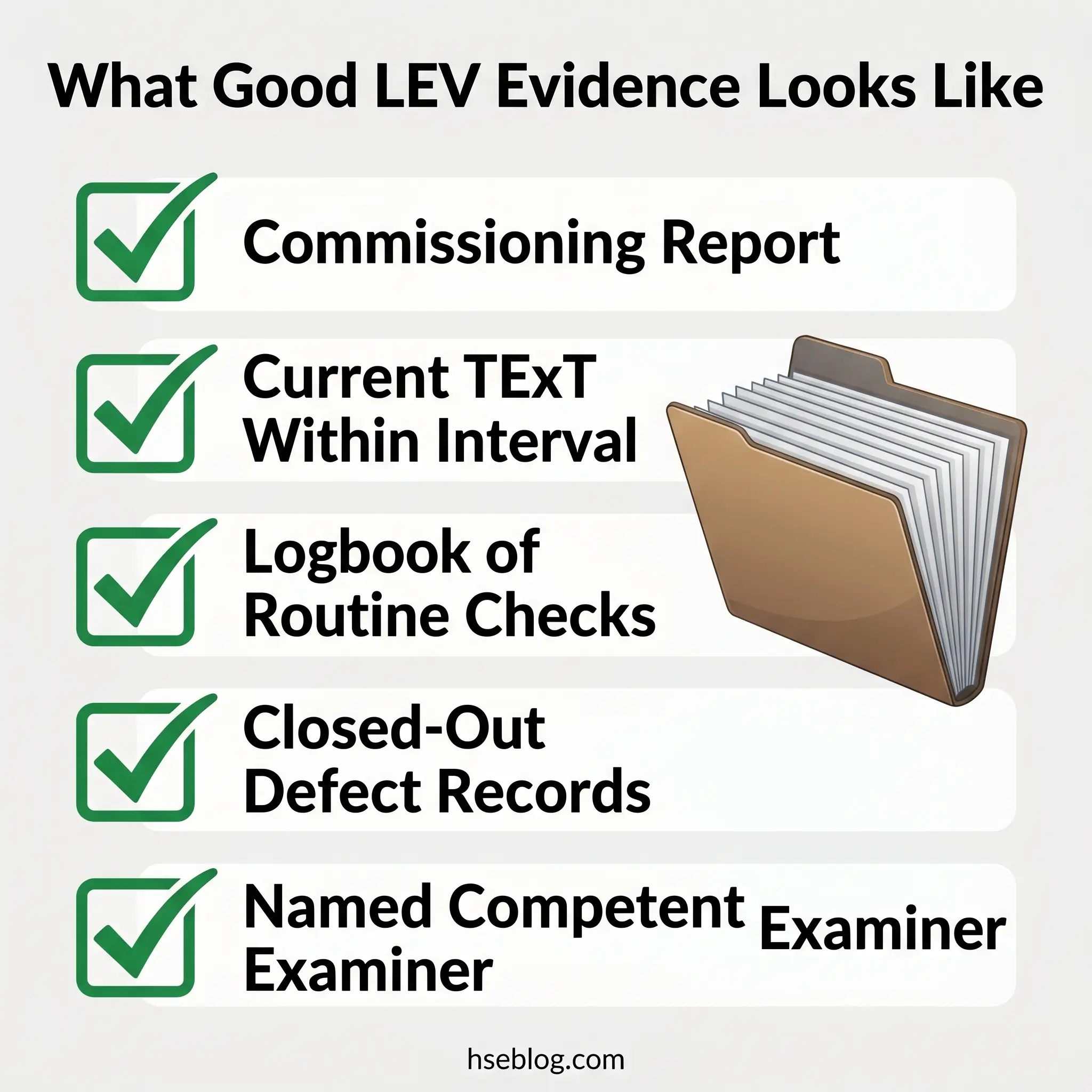 Checklist showing five key components of good LEV evidence: commissioning report, current TEXT within interval, logbook of routine checks, closed-out defect records, and named competent examiner, with a file folder illustration.