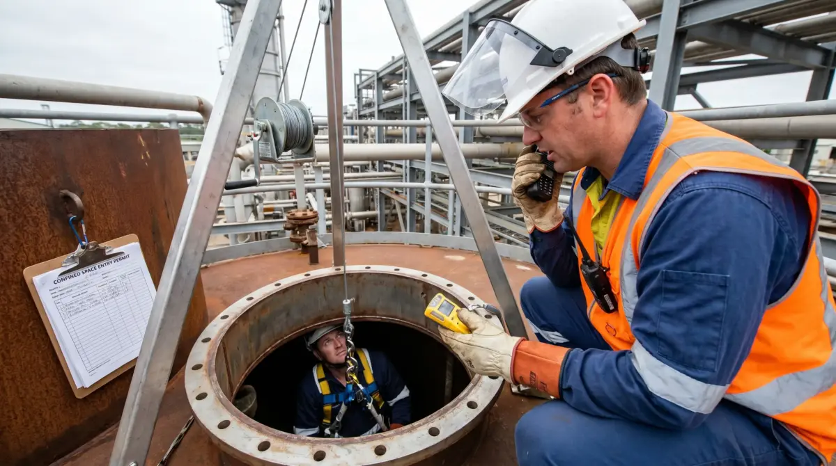 Worker in safety gear communicates by radio while monitoring a colleague inside a confined space entry point at an industrial refinery or processing facility.