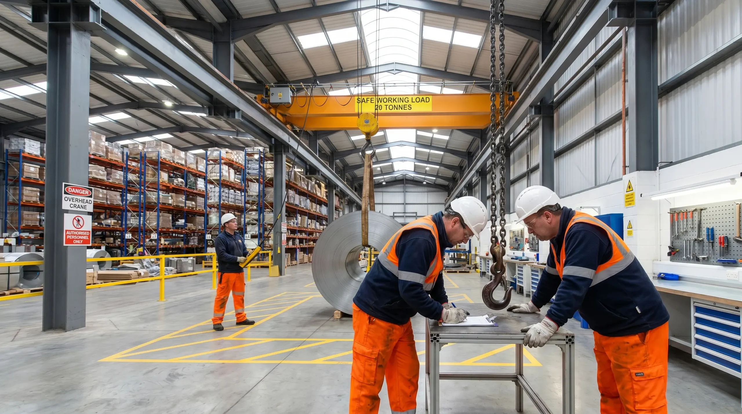 Workers in safety gear handle a coil of metal beneath an overhead crane marked with a 20-tonne safe working load in a large industrial warehouse with storage racks and yellow safety markings.