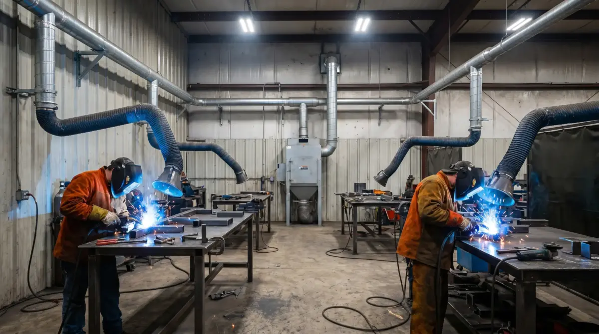 Two welders in orange protective gear work at metal tables in an industrial workshop with overhead ventilation ducts and LED lighting.