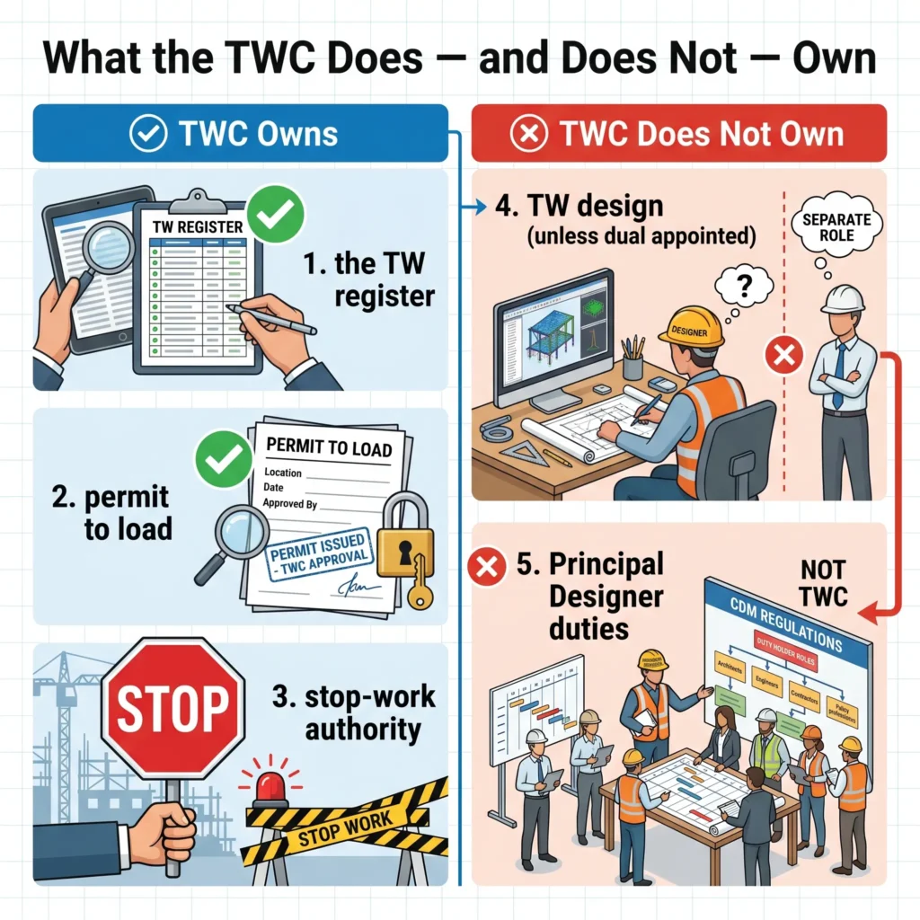 Infographic showing what a TWC owns including the register, permit to load, and stop-work authority, versus what it does not own such as design duties and principal designer responsibilities.