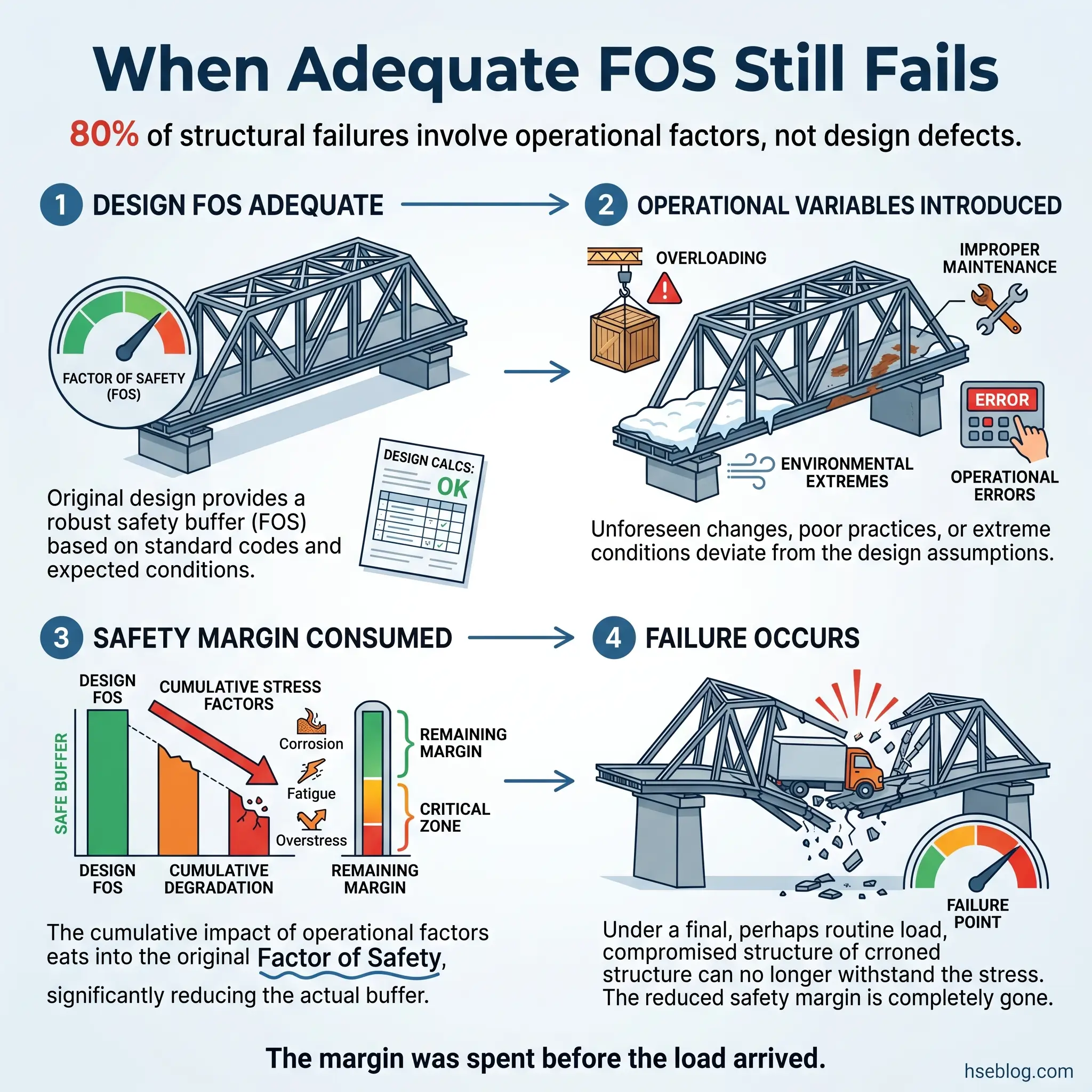 Infographic explaining how structural failures occur despite adequate factor of safety design due to operational variables like overloading, poor maintenance, and environmental extremes that consume safety margins over time.