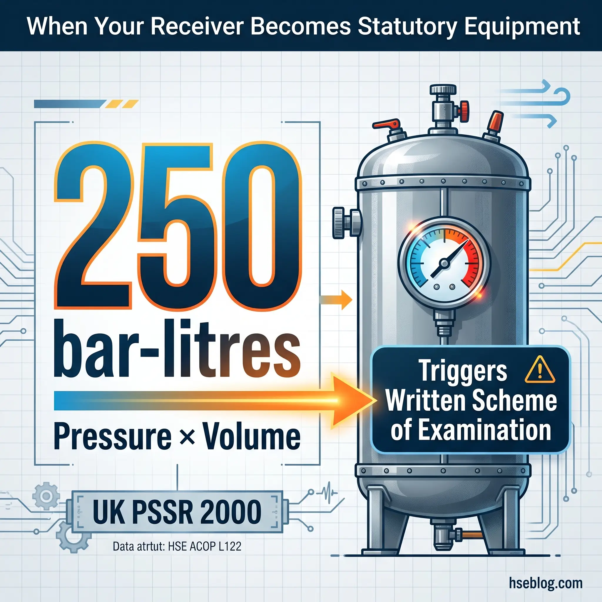 Infographic showing that a receiver becomes statutory equipment under UK PSSR 2000 when pressure multiplied by volume equals 250 bar-litres, triggering written examination requirements.