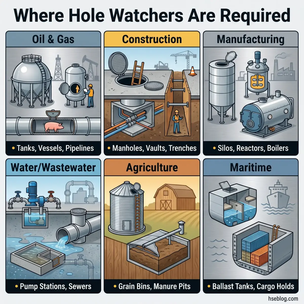 Infographic showing six industries where hole watchers are required, displaying equipment and work environments for oil and gas, construction, manufacturing, water treatment, agriculture, and maritime sectors.