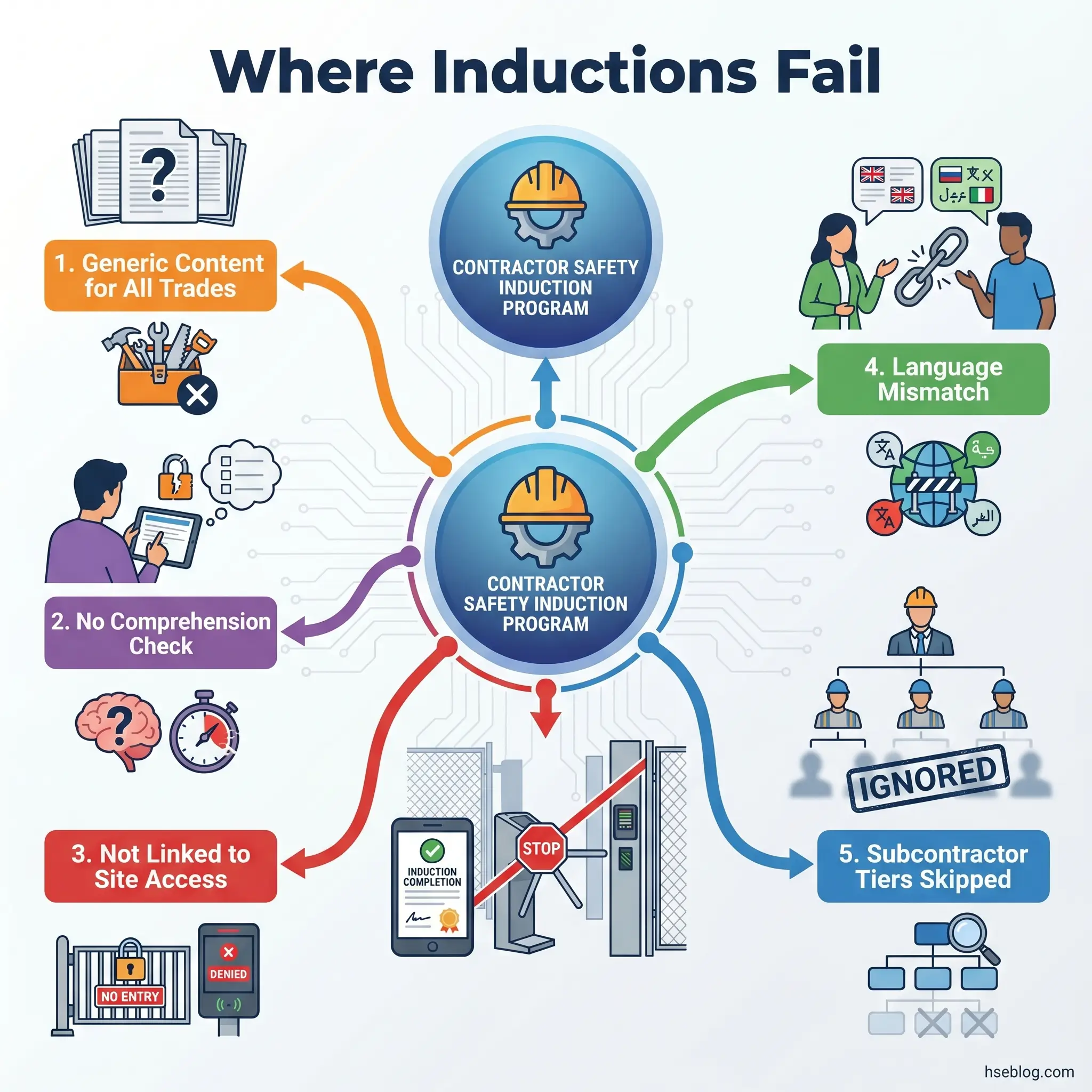 Infographic showing five key reasons contractor safety induction programs fail: generic content for all trades, no comprehension checks, lack of site access linkage, language mismatches, and skipped subcontractor tiers.